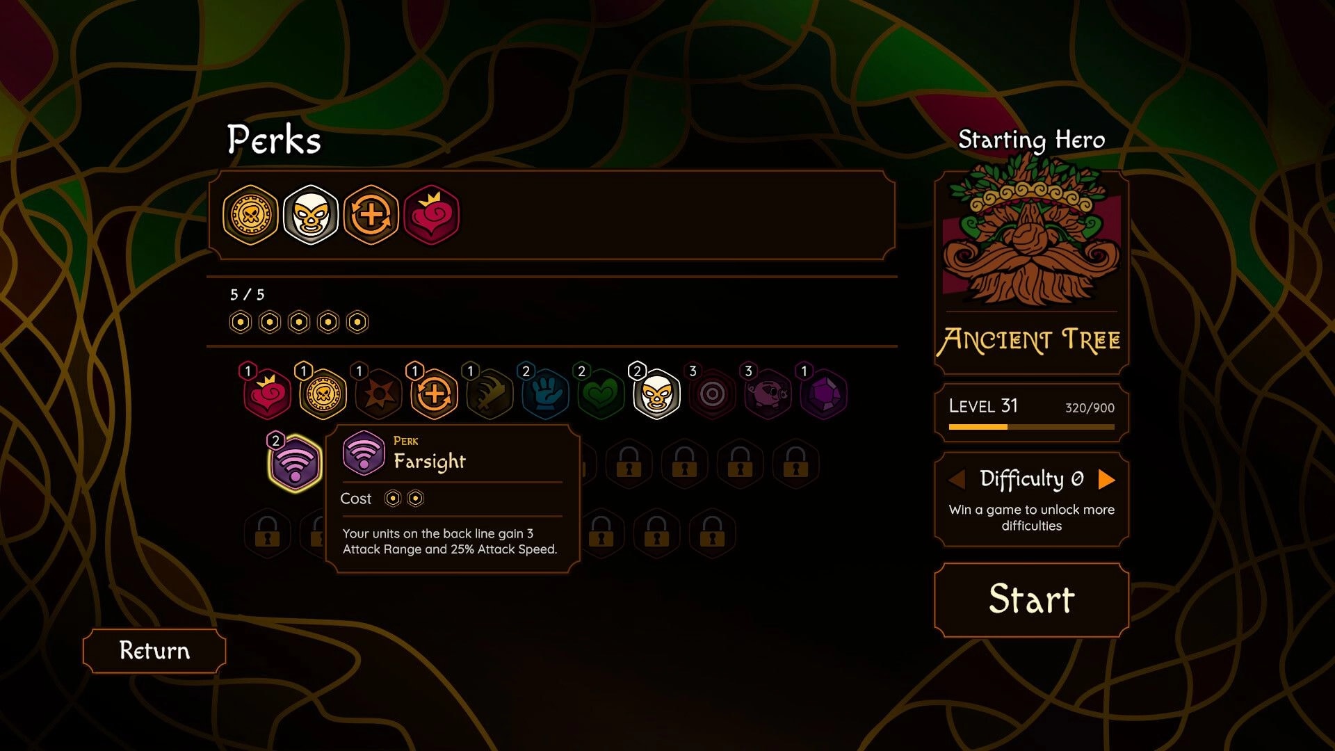 Lucha Chess: Perks selection menu highlighting Farsight perk, Starting Hero Ancient Tree panel on right.