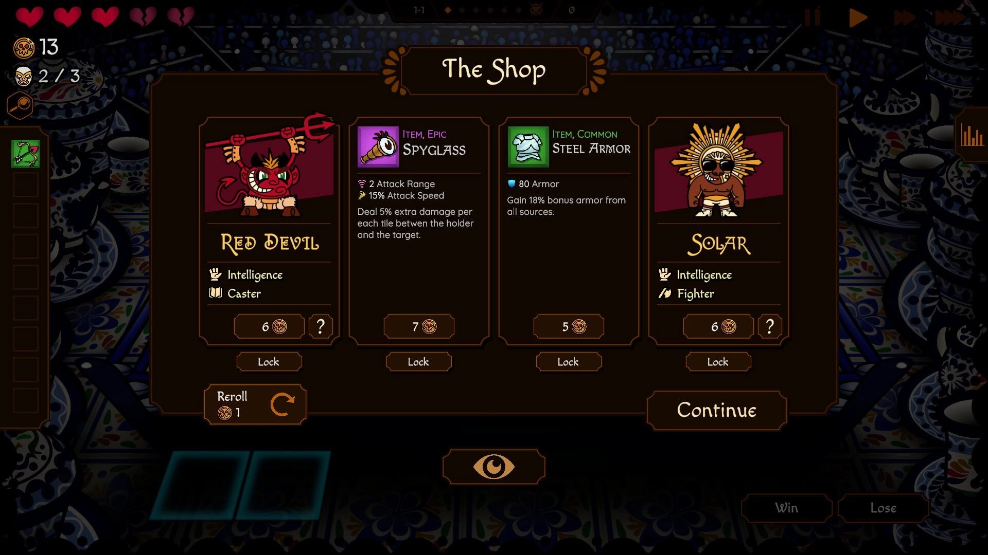 Lucha Chess: Shop screen offering Red Devil and Solar units plus Spyglass and Steel Armor items.
