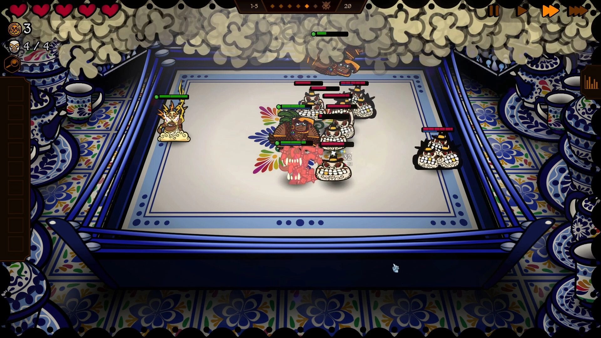 Lucha Chess: Auto-battle on a ring board as masked pieces clash with health bars in smoky arena UI.
