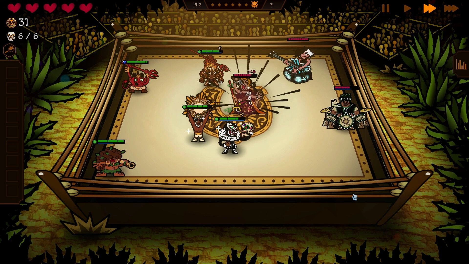 Lucha Chess: Auto-battle in a wrestling ring with masked units attacking, health bars and round 3-7 UI.