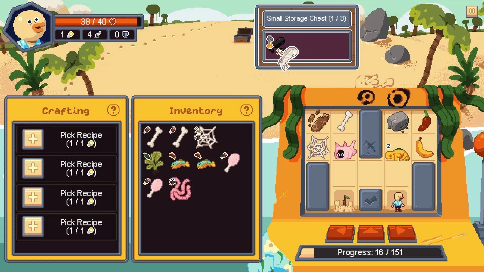Lucky Castaway: Crafting and inventory menus open beside slot grid on sunny beach campsite.
