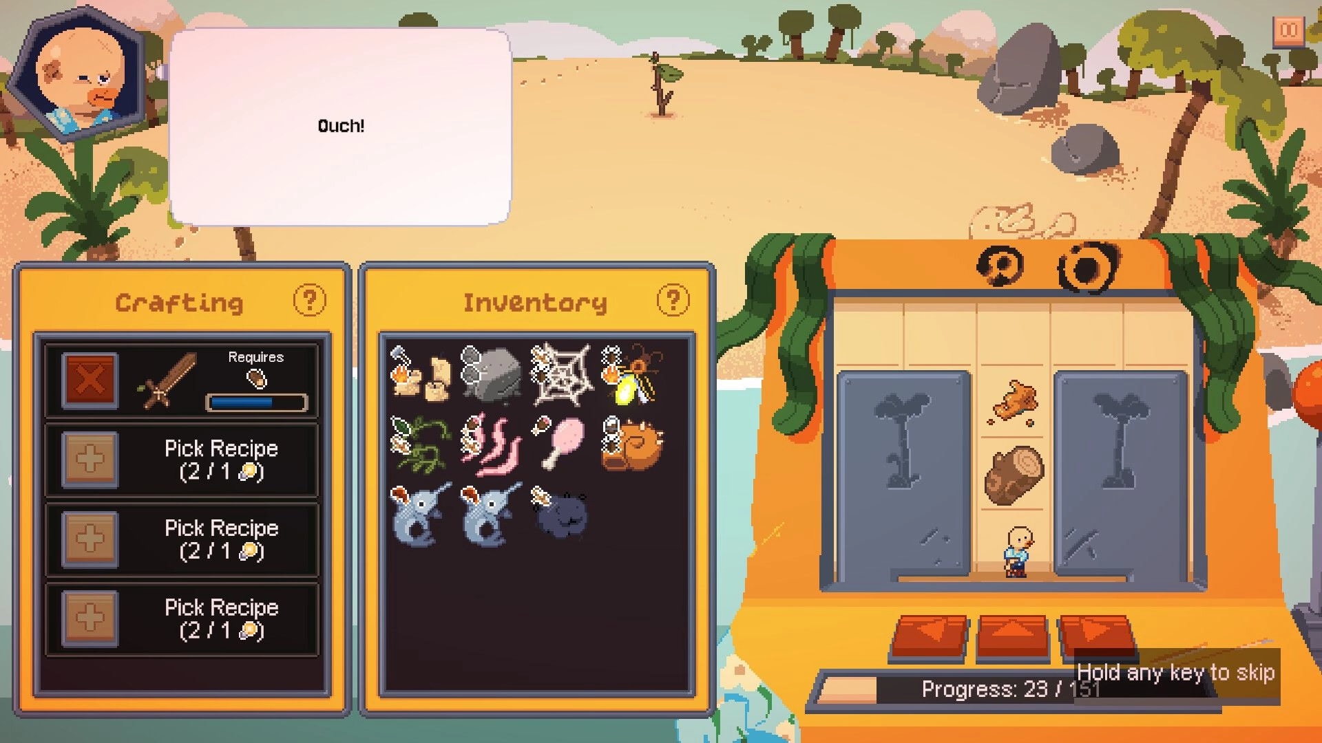 Lucky Castaway: Crafting and inventory menus open beside slot machine on sunny beach campsite.