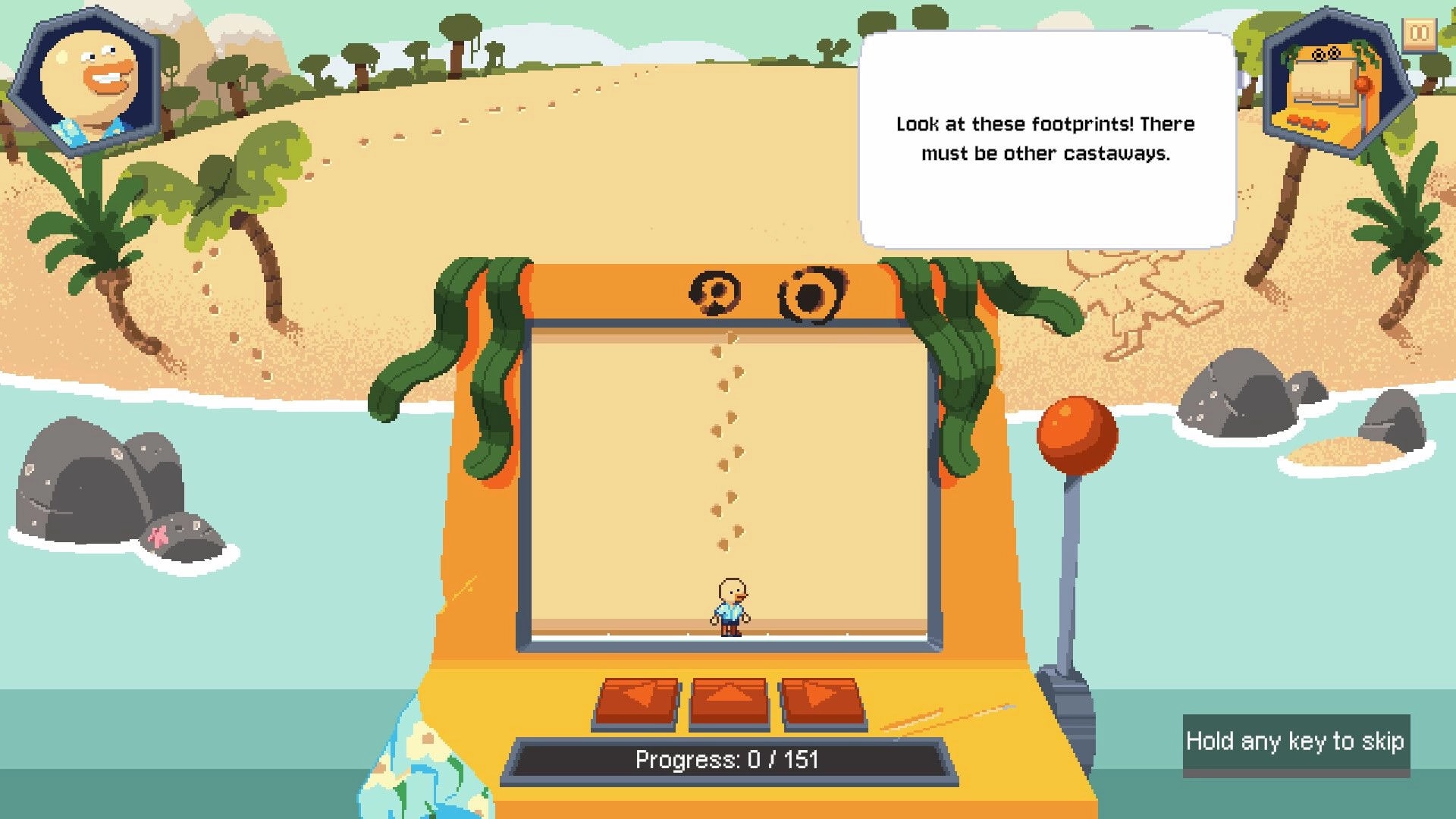 Lucky Castaway: Castaway stands by slot machine with dialogue about footprints on a sandy beach map.
