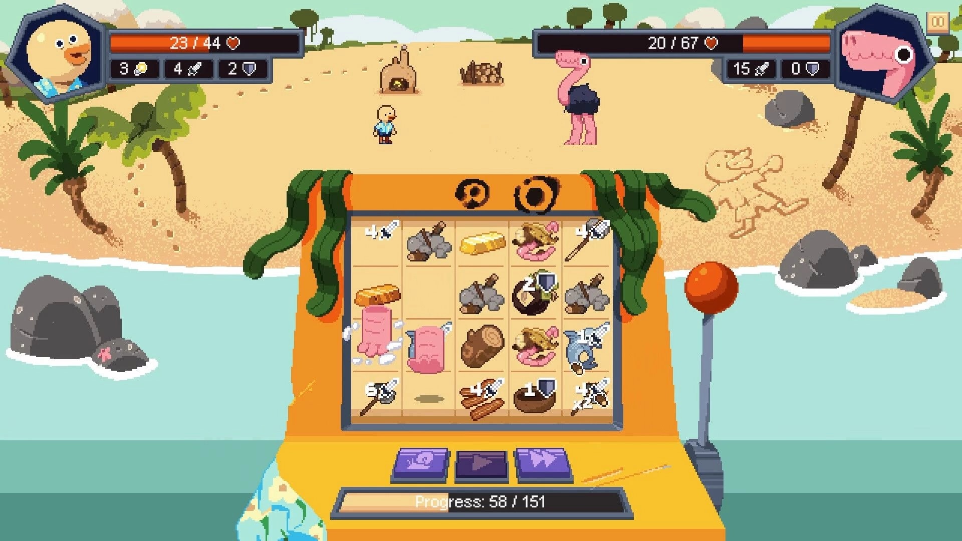 Lucky Castaway: Slot machine grid with loot icons and health bars on a sandy beach battle scene.