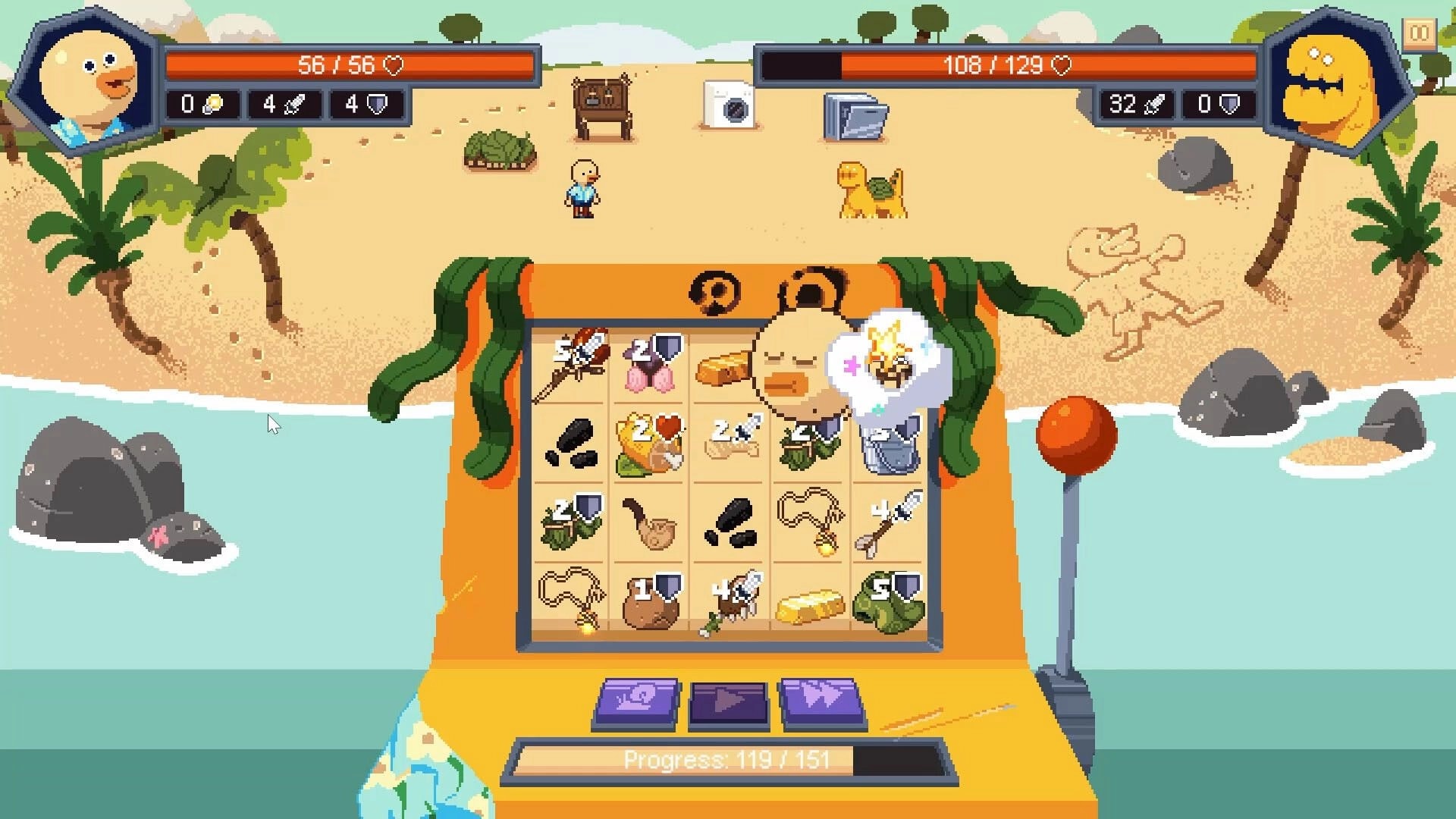 Lucky Castaway: Slot machine grid with items and buttons on a sandy island beach with health bars.