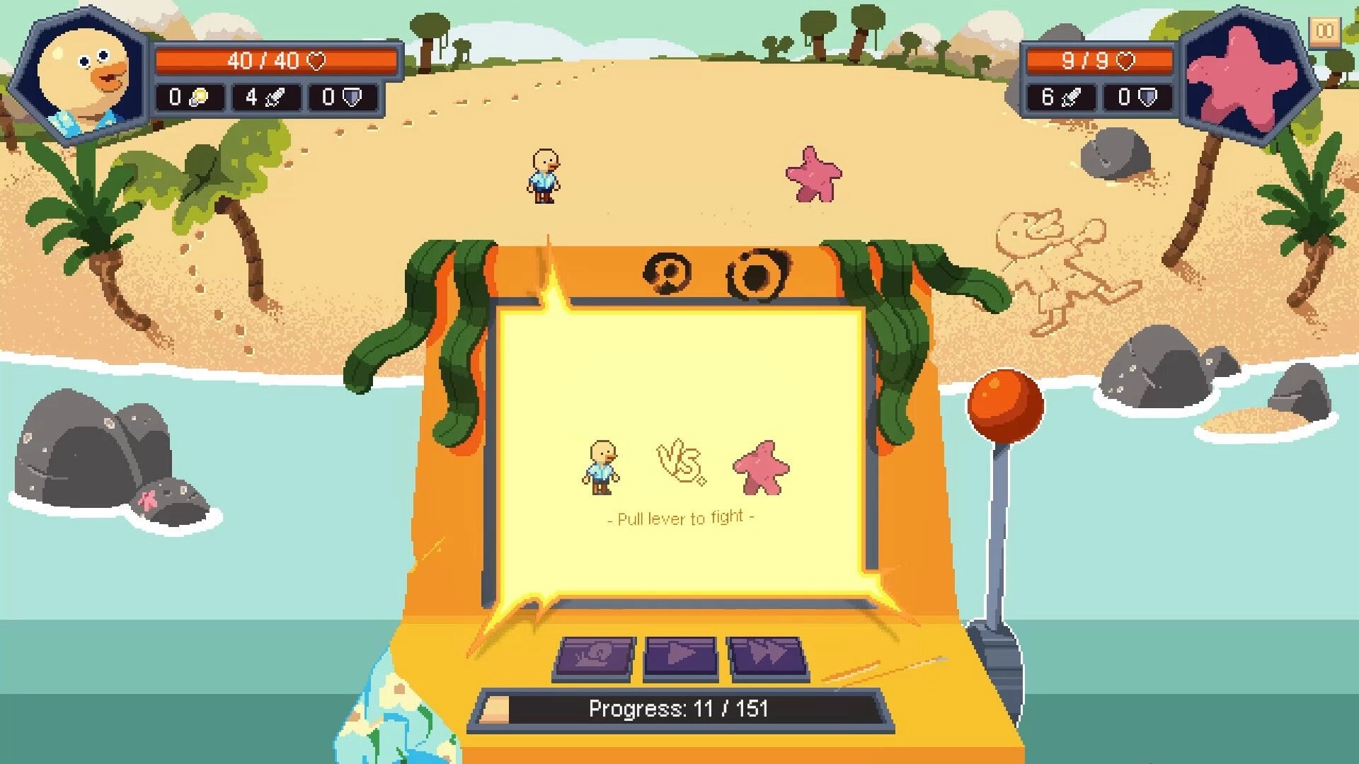 Lucky Castaway: Slot machine combat prompt with castaway vs starfish enemy on a sunny beach shore.