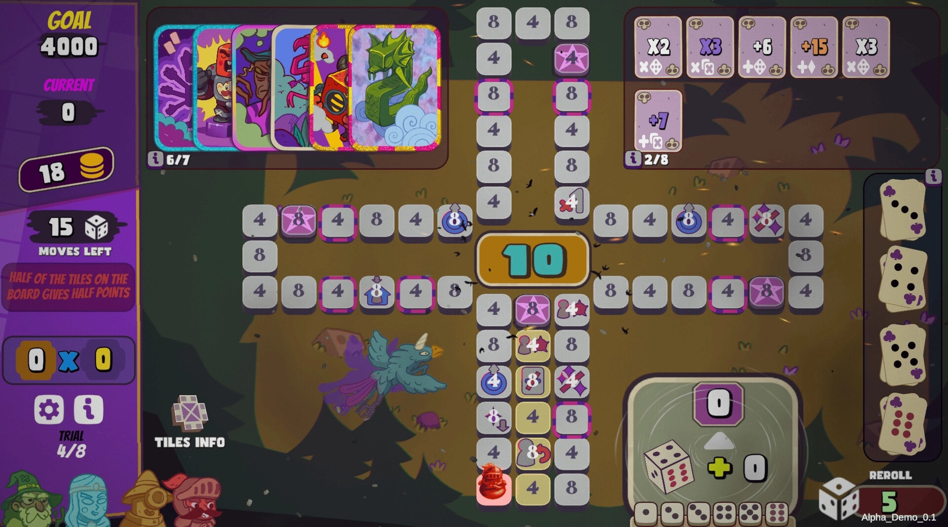 Ludaro: Board with spirit cards, dice rolls, and goal tracker in roguelike deck-builder game setting