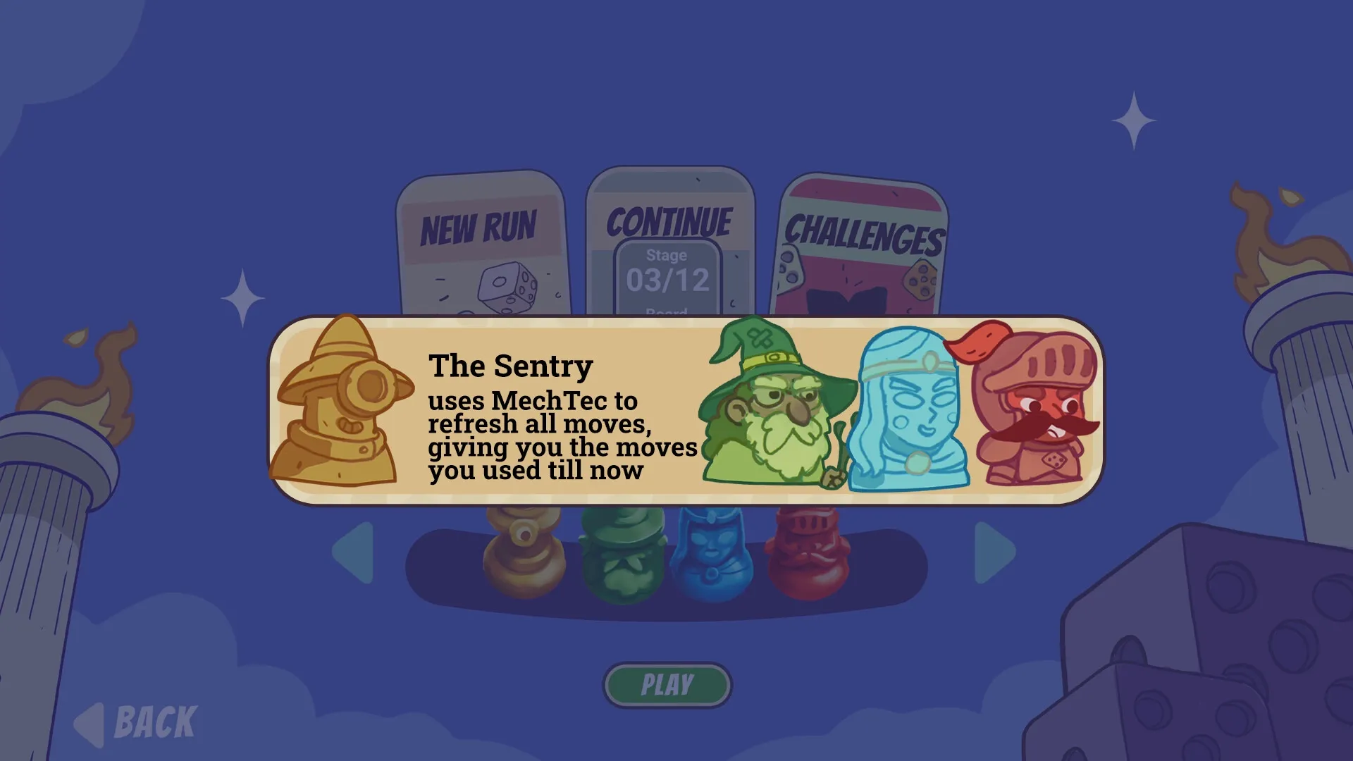 Ludaro: Character ability menu with The Sentry's MechTec move and play options on main menu screen