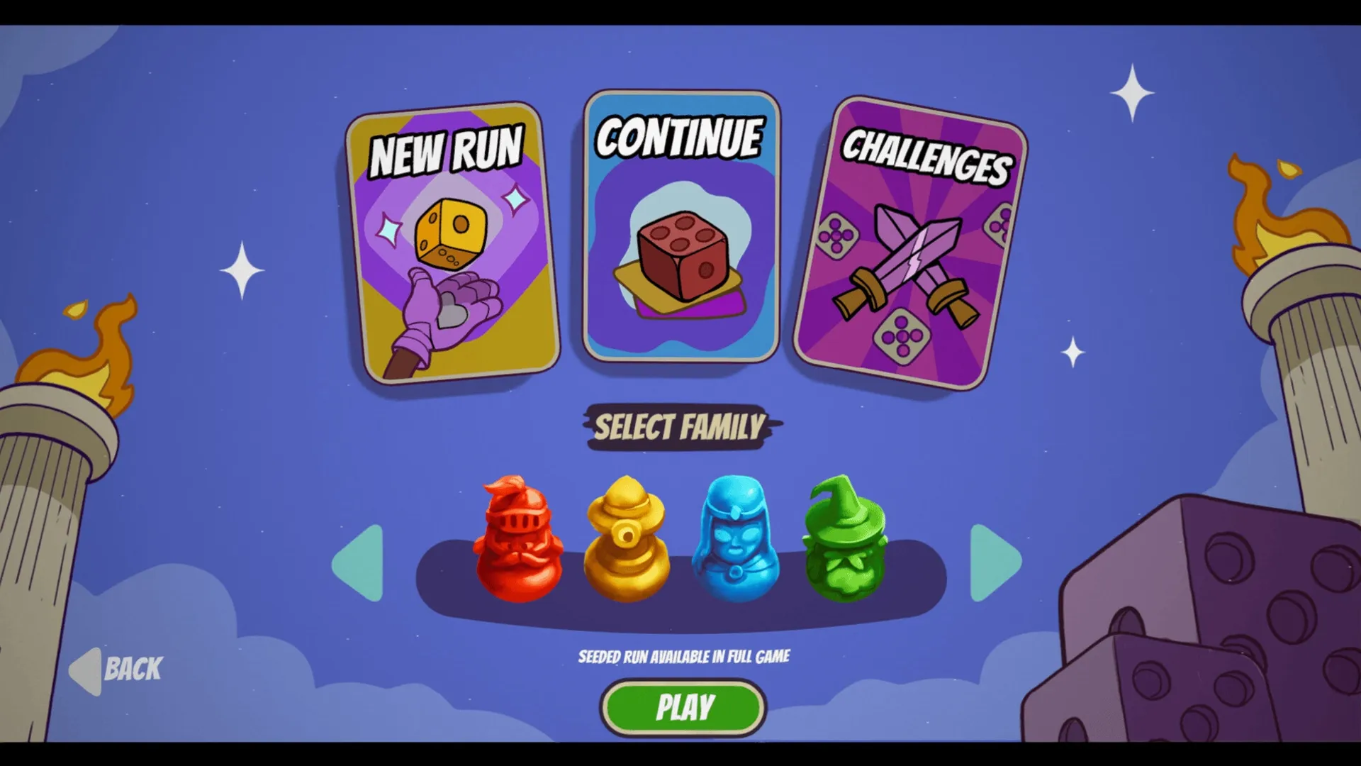 Ludaro: Main menu with options for New Run, Continue, and Challenges; four colored character pieces shown.