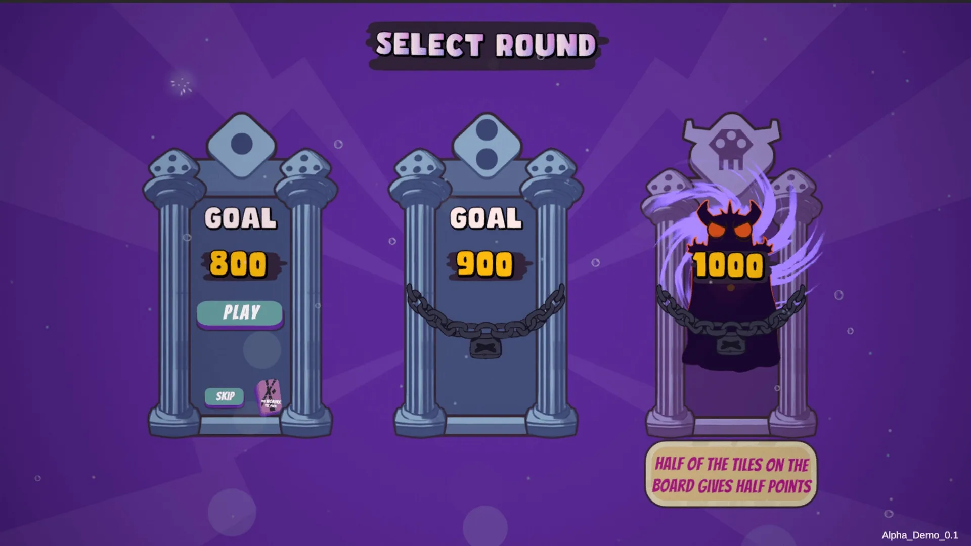 Ludaro: Select round screen with three columns showing goals 800, 900, and locked 1000 in purple theme