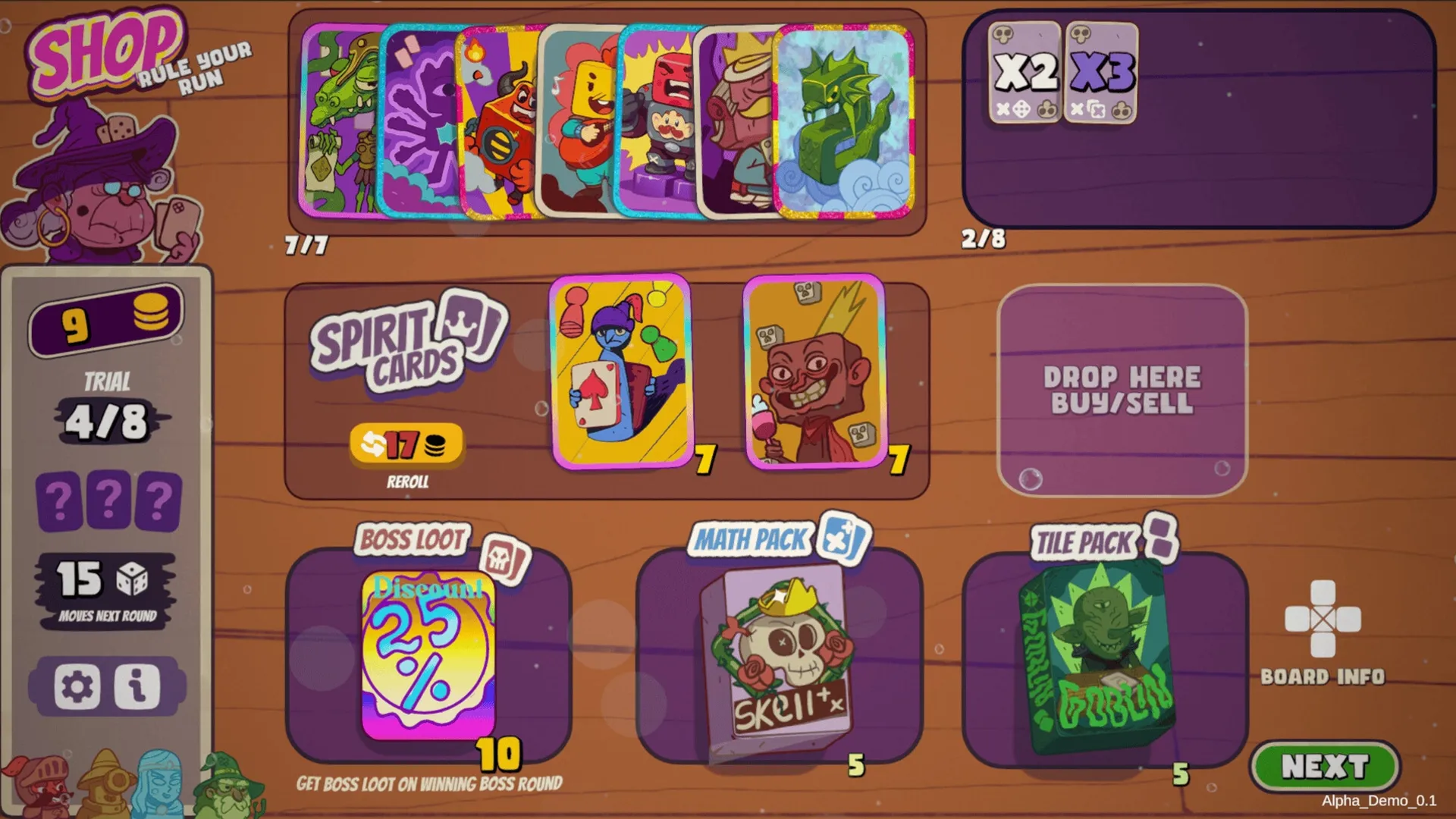 Ludaro: Shop interface with Spirit Cards, Boss Loot, and Tile Pack options in a colorful layout