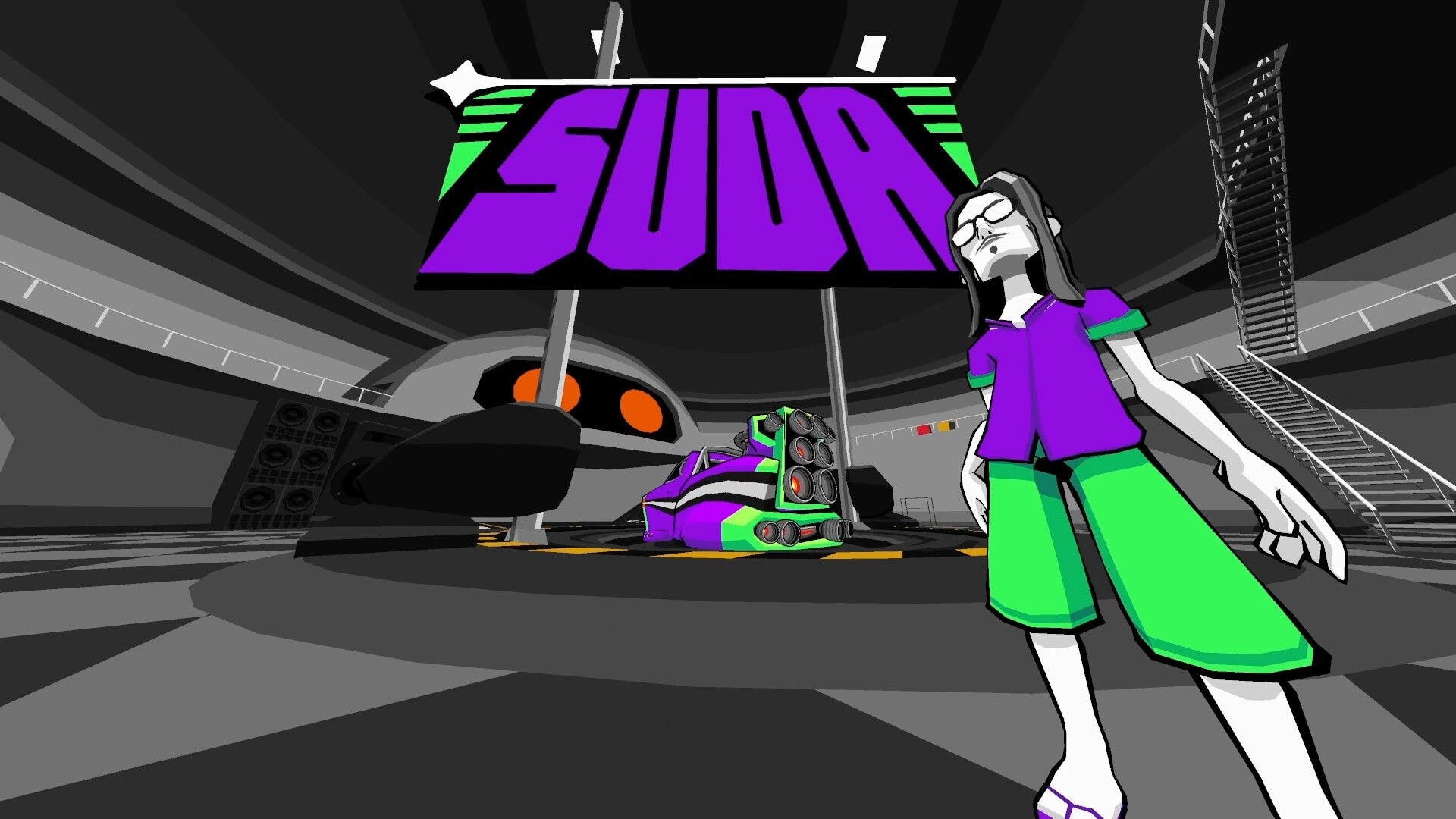 lunr.rdio.taxi: Purple SUMA sign over a taxi ship and character in a gray hangar with stairs.