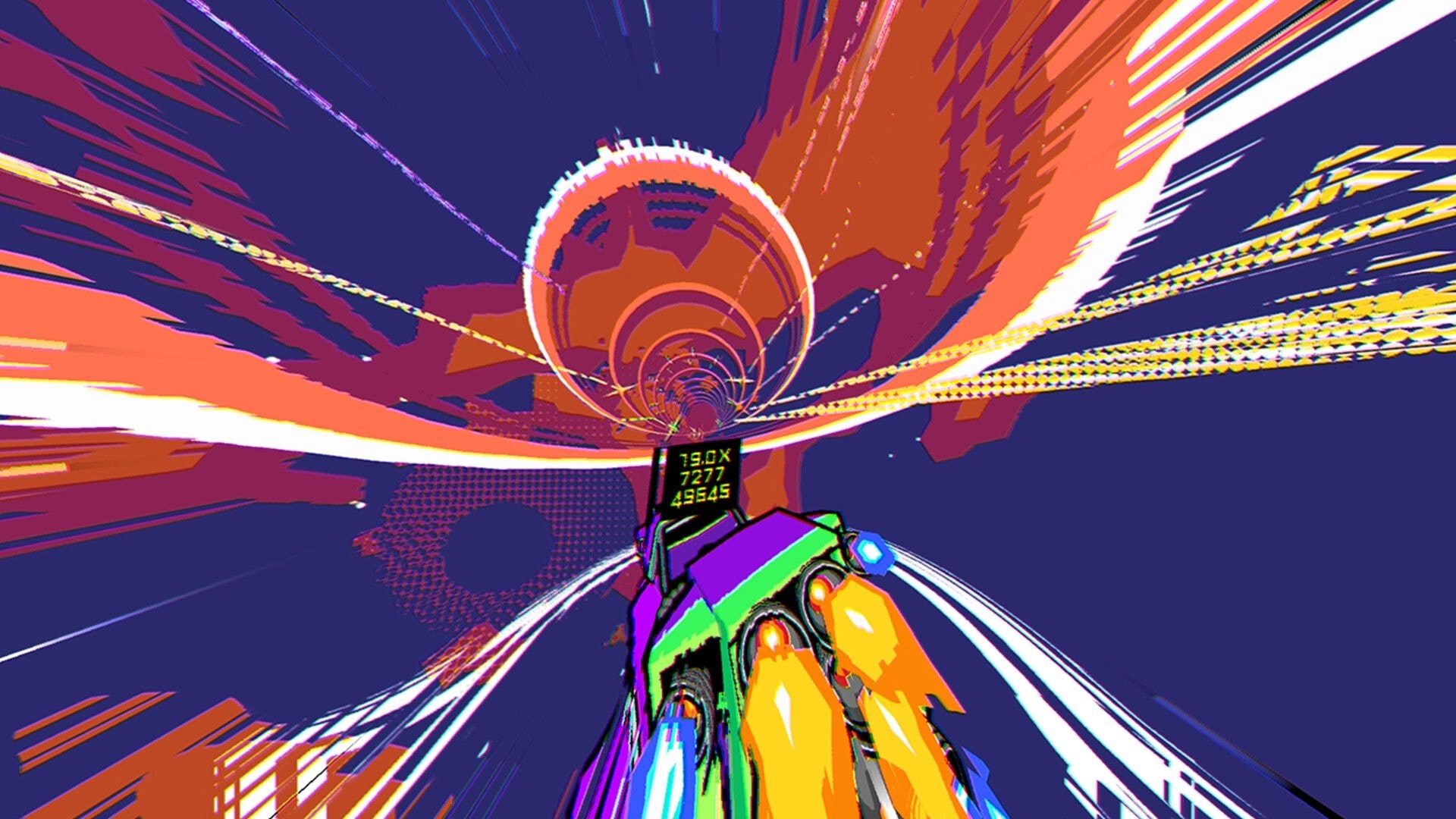 lunr.rdio.taxi: Neon taxi boosts through a ringed tunnel track, score multiplier UI hovering ahead in space.
