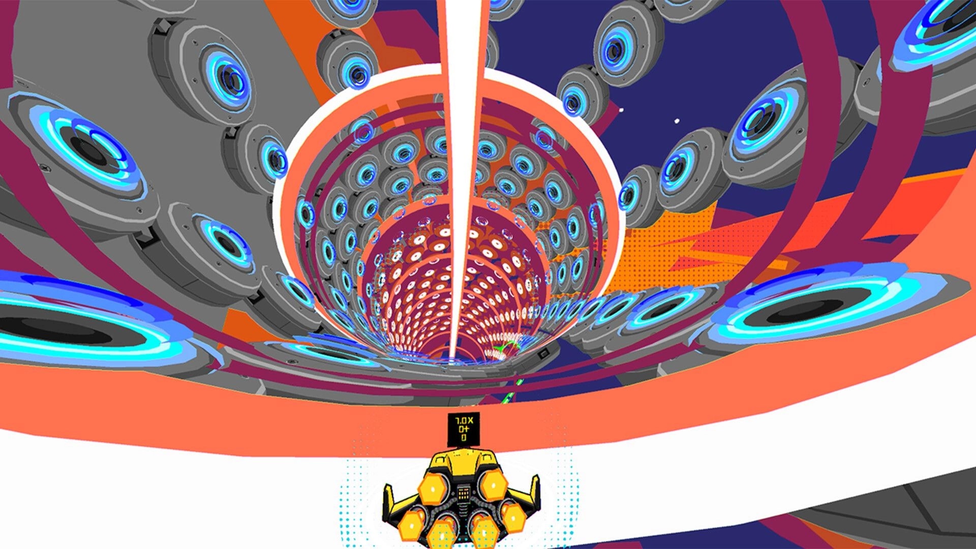 lunr.rdio.taxi: Yellow taxi ship speeds into a neon speaker tunnel with 1.0x score UI in space.
