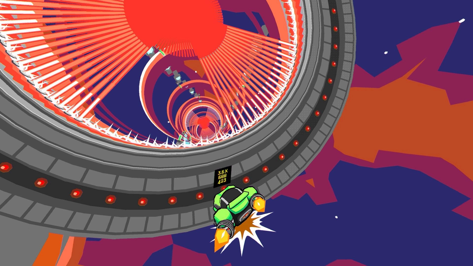 lunr.rdio.taxi: Green taxi car boosting along a spiral space ring track with score multiplier HUD visible.