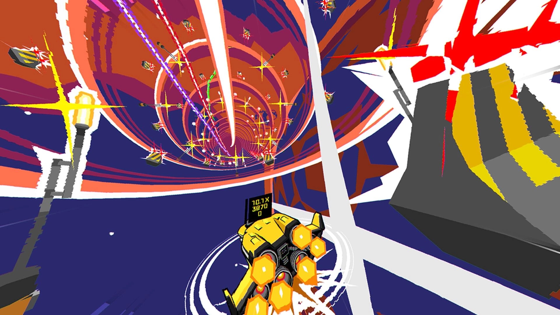 lunr.rdio.taxi: Yellow hover taxi drifting into a neon spiral tunnel with score combo HUD ahead.