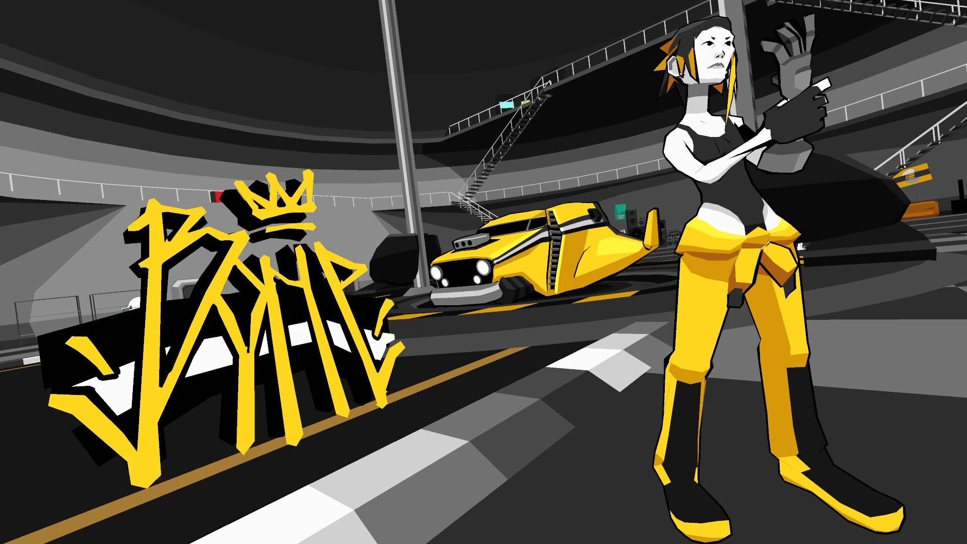lunr.rdio.taxi: Stylized woman poses by yellow taxi with bold logo graffiti inside a spaceport hangar.