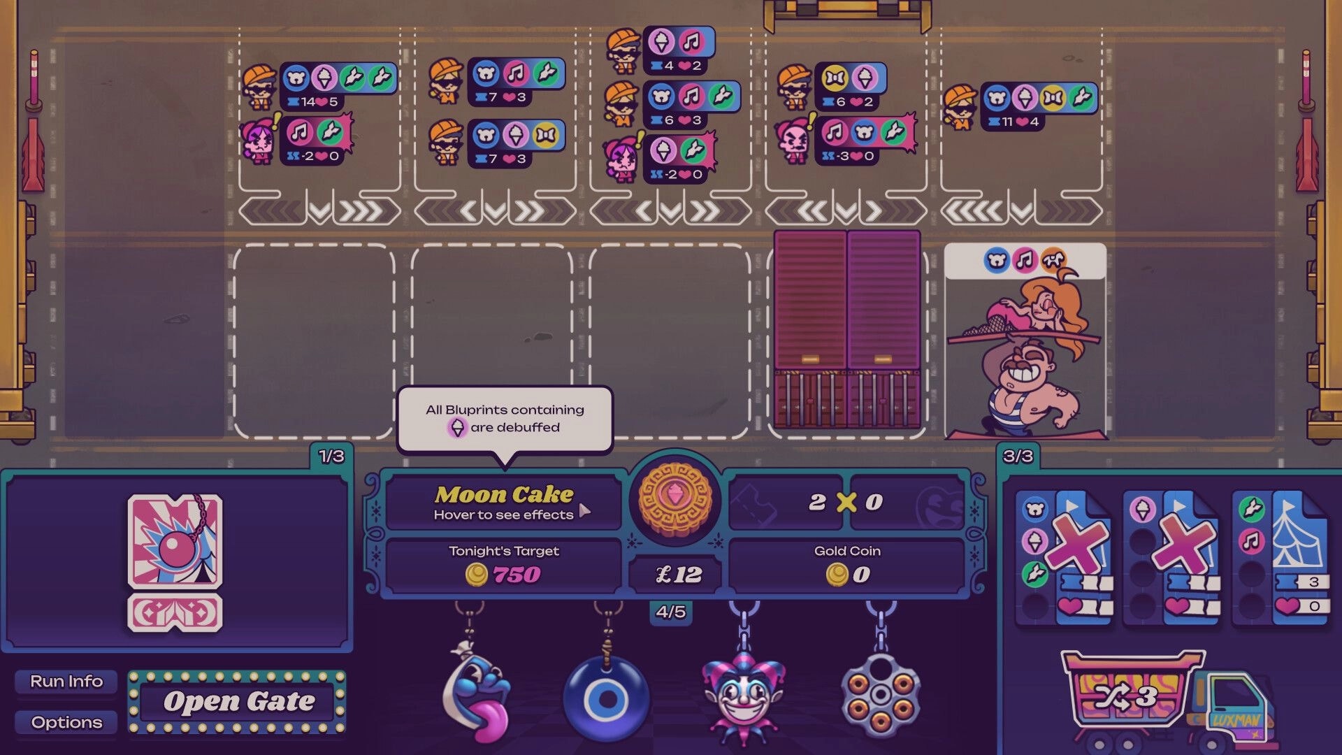 Luxman Moonlit Market: Uncle Luxman managing attraction tiles and power-ups in bustling carnival setup.