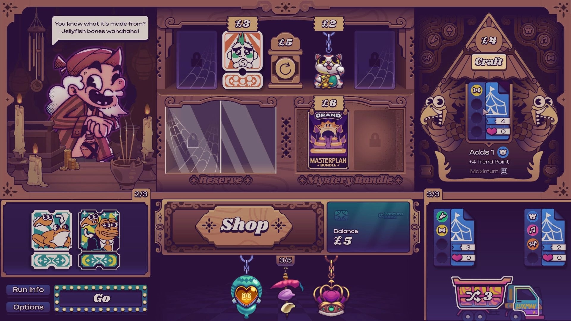 Luxman Moonlit Market: Uncle Luxman in shop interface with crafting options and currency display
