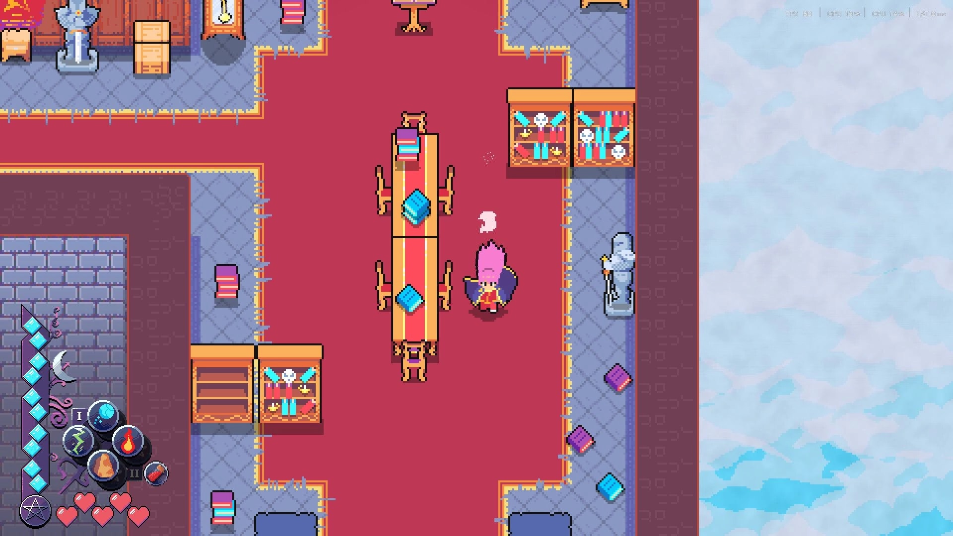 Magical Blush: Pink-haired mage walks past a long table in a castle library with spell UI and hearts.