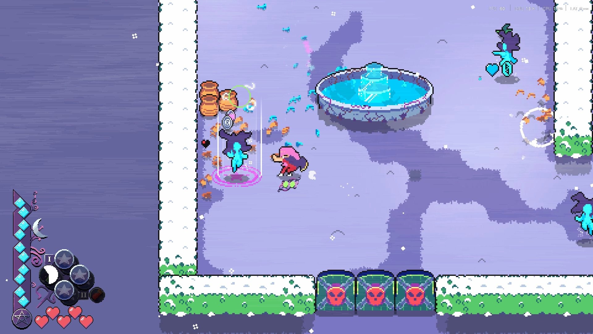 Magical Blush: Hero casts spells at blue spirits beside a glowing fountain in a snowy courtyard UI visible.
