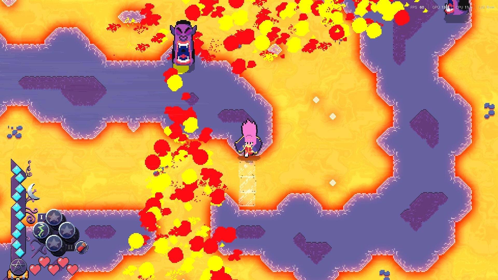 Magical Blush: Spell explosions hit a purple foe in a lava cave, with hearts and ability icons UI.