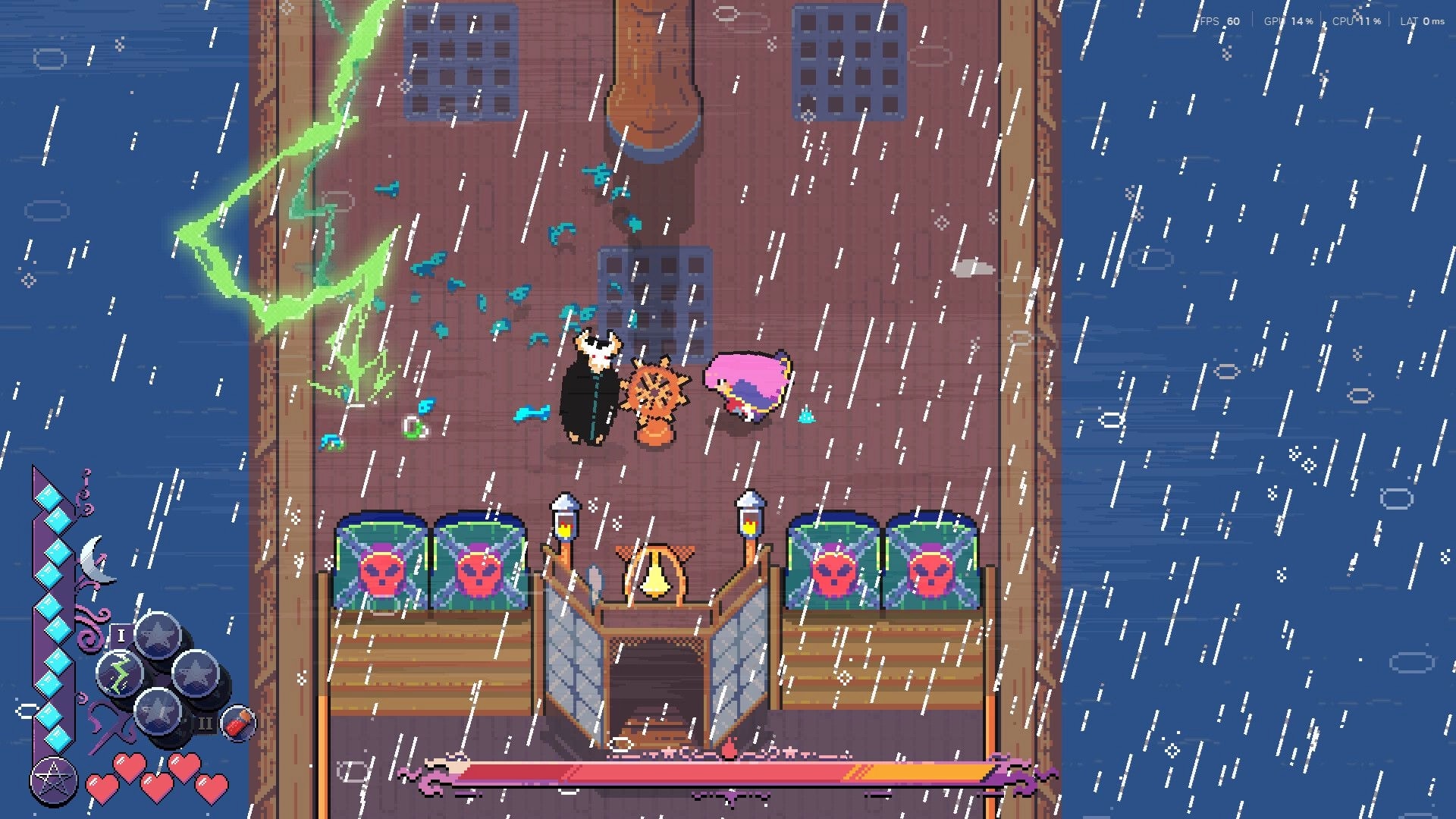 Magical Blush: Player beside two NPCs on a rainy ship deck, green lightning and skull crates nearby.