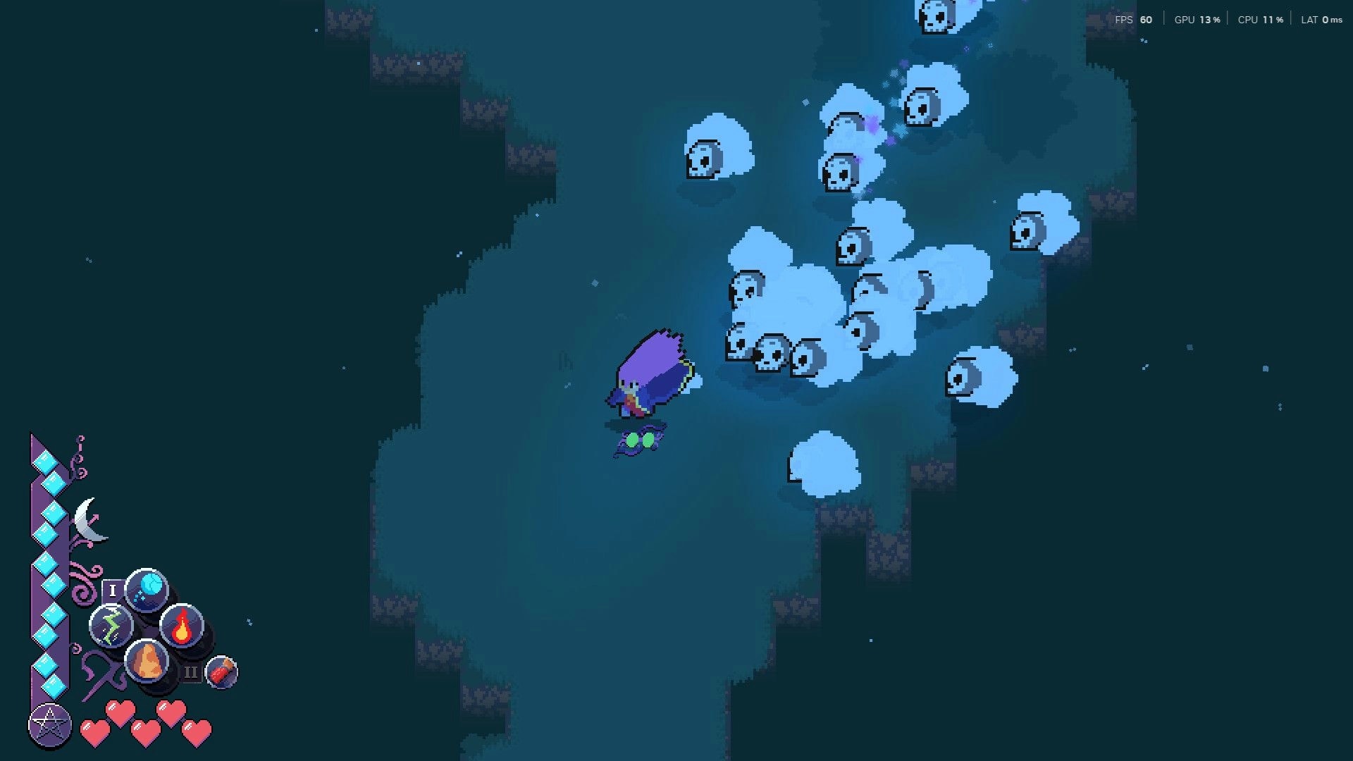 Magical Blush: Purple-haired mage faces flock of ghost sheep in dark cave, spell icons and hearts HUD.