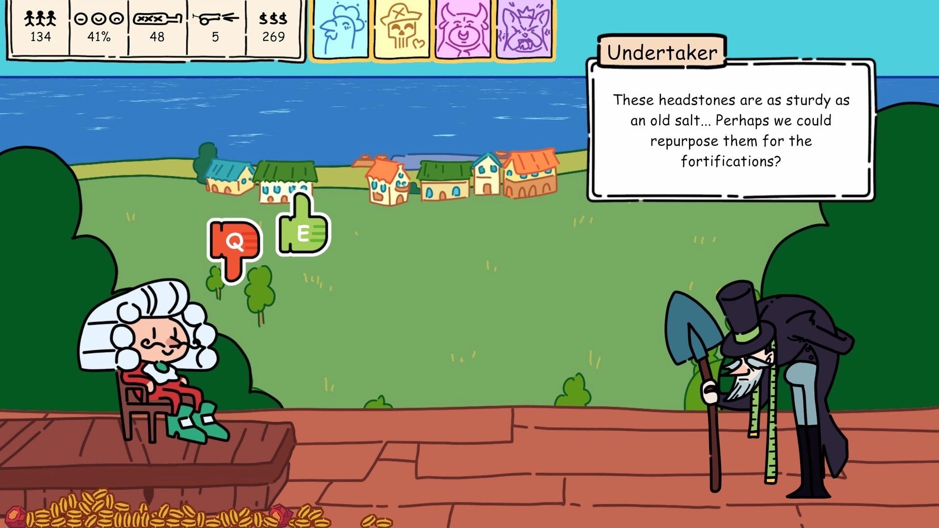 Make it so: Undertaker dialogue choice popup over seaside village view with stats bar and Q/E prompts.