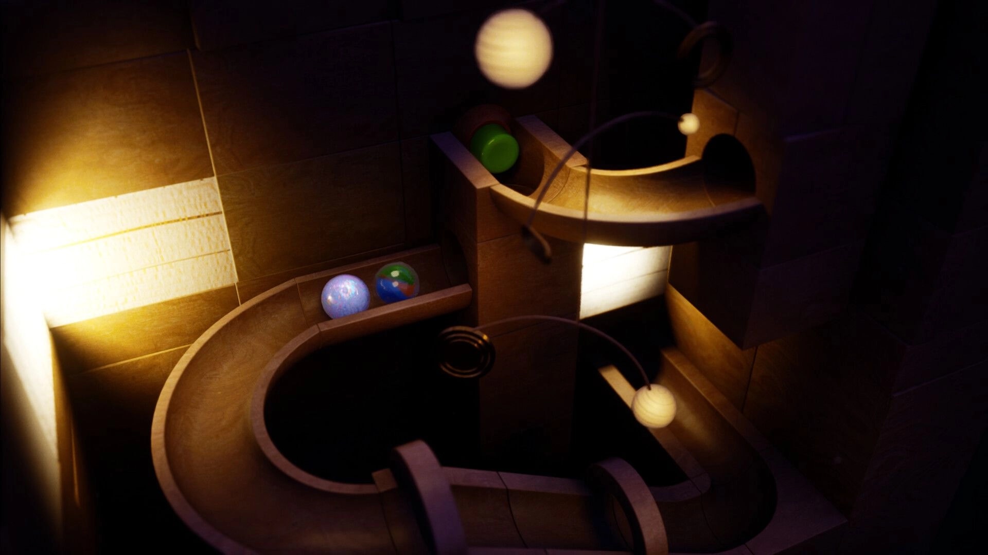 Marblearium: Marbles rest on a wooden ledge beside spiral ramps in a dim, warm-lit marble run room.