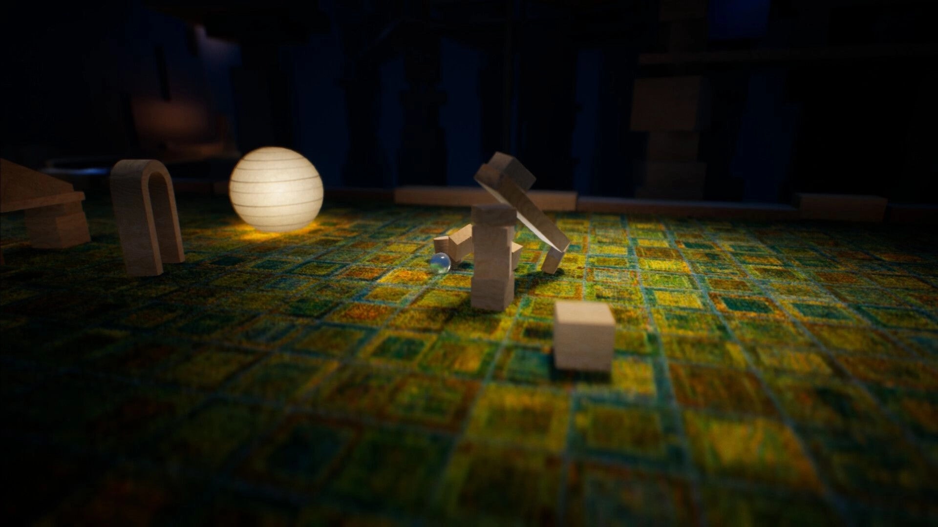 Marblearium: Small blue marble beside stacked wooden blocks on patterned floor under a glowing orb lamp.