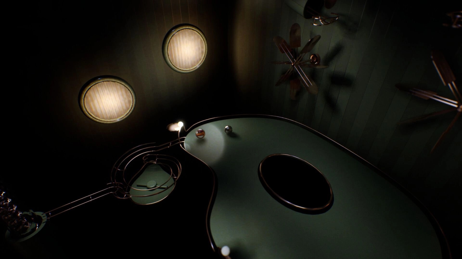 Marblearium: Two marbles roll along a curved green track in a dim room with round wall lights.