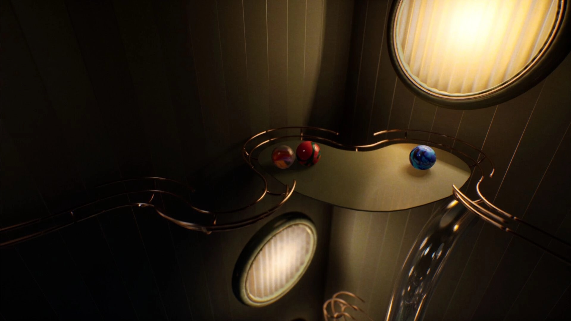 Marblearium: Three marbles on a curved platform and rails inside a dim cylindrical chamber with lights.