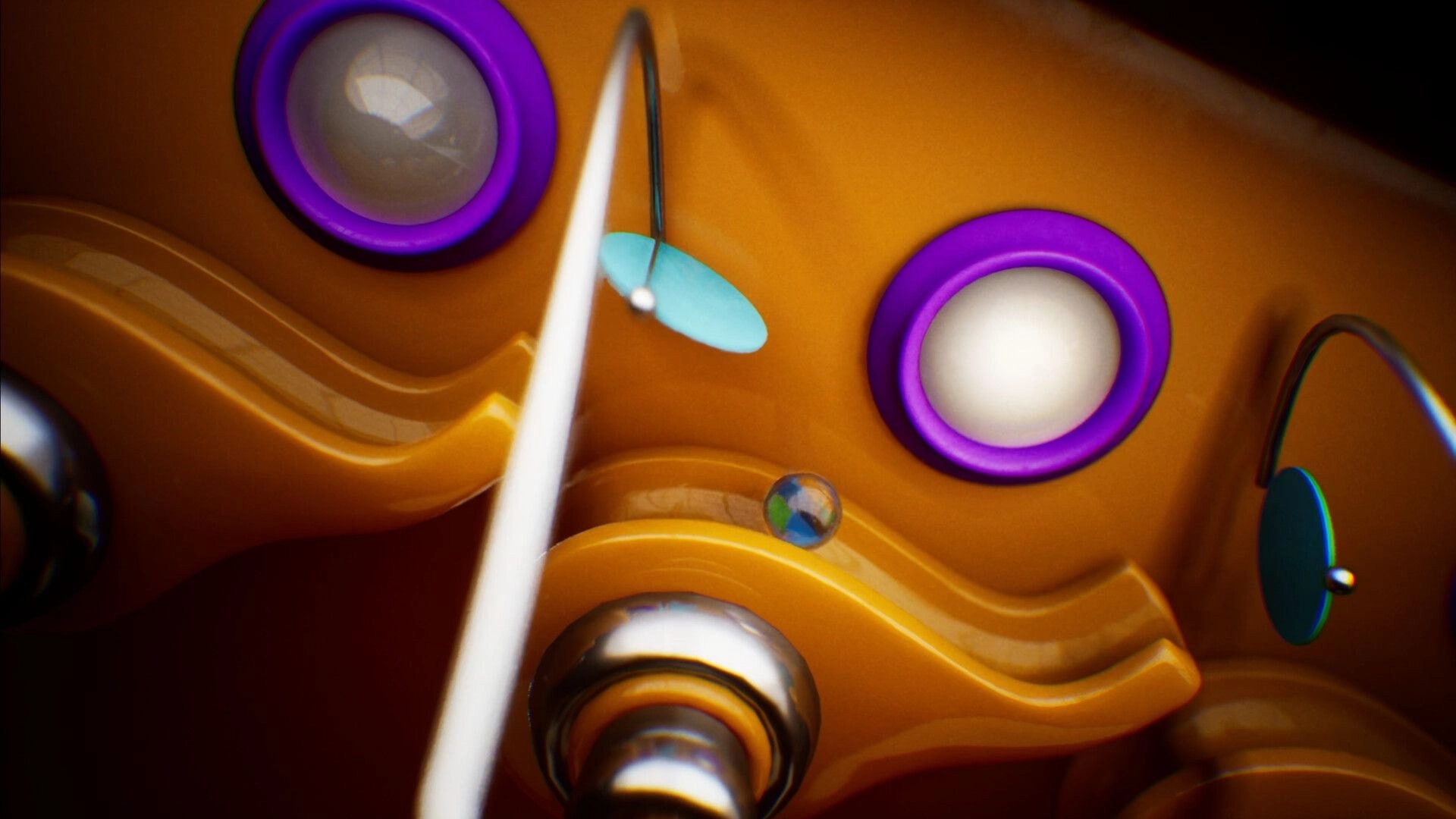 Marblearium: Marble rolls along wavy orange track past purple bumpers and blue paddles in close-up run.