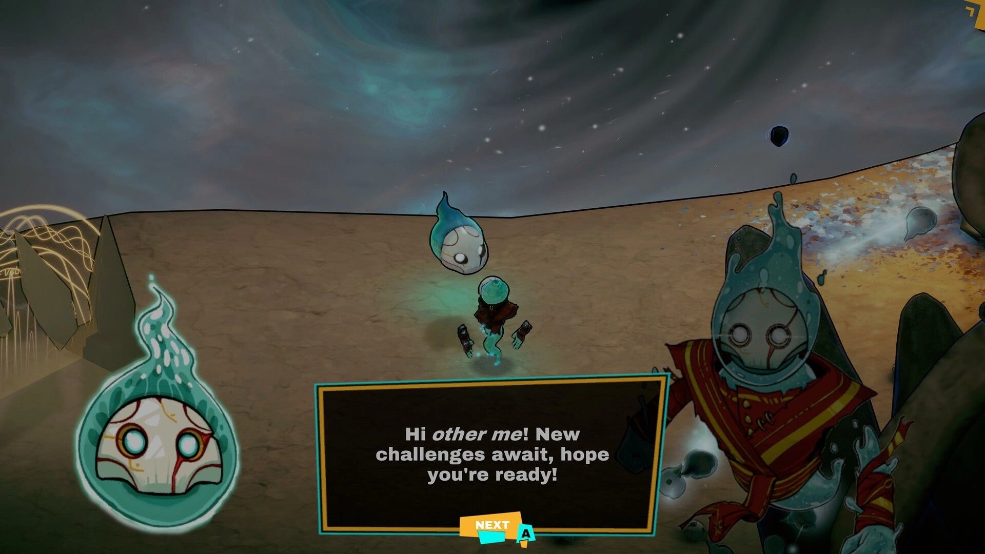 MassEve: Dialogue pop-up greets “other me” beside glowing character on barren alien plain under nebula sky.