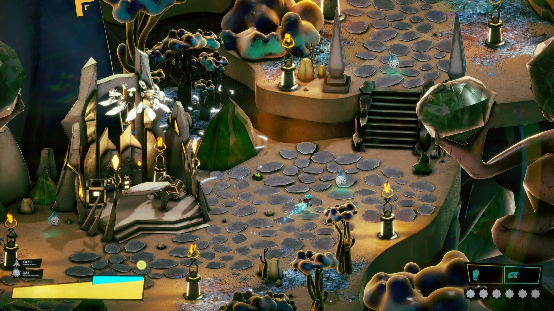 MassEve: Player dashes across hex-tiled plaza toward stairs by crystal shrine in neon cave ruins.