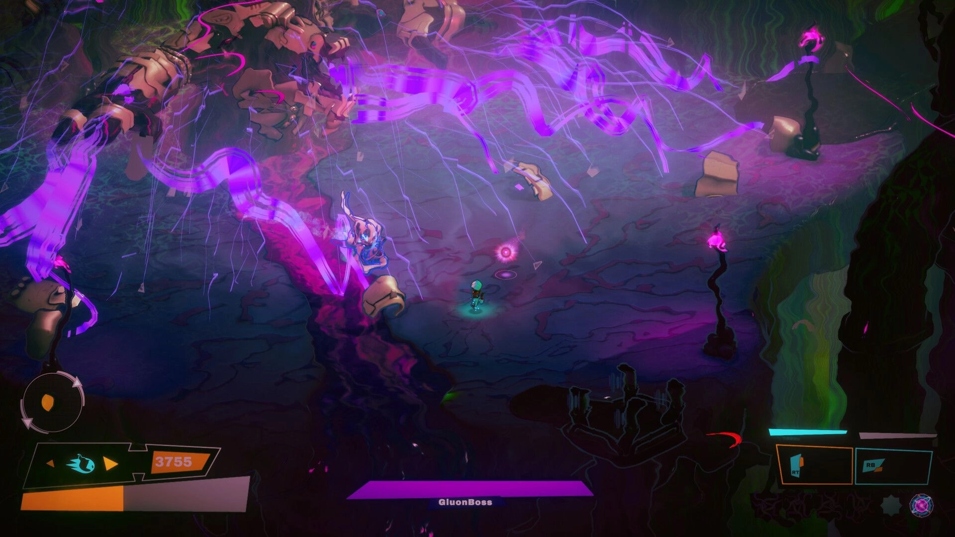 MassEve: Player dodges purple lightning in GluonBoss fight inside a glowing alien cavern arena.