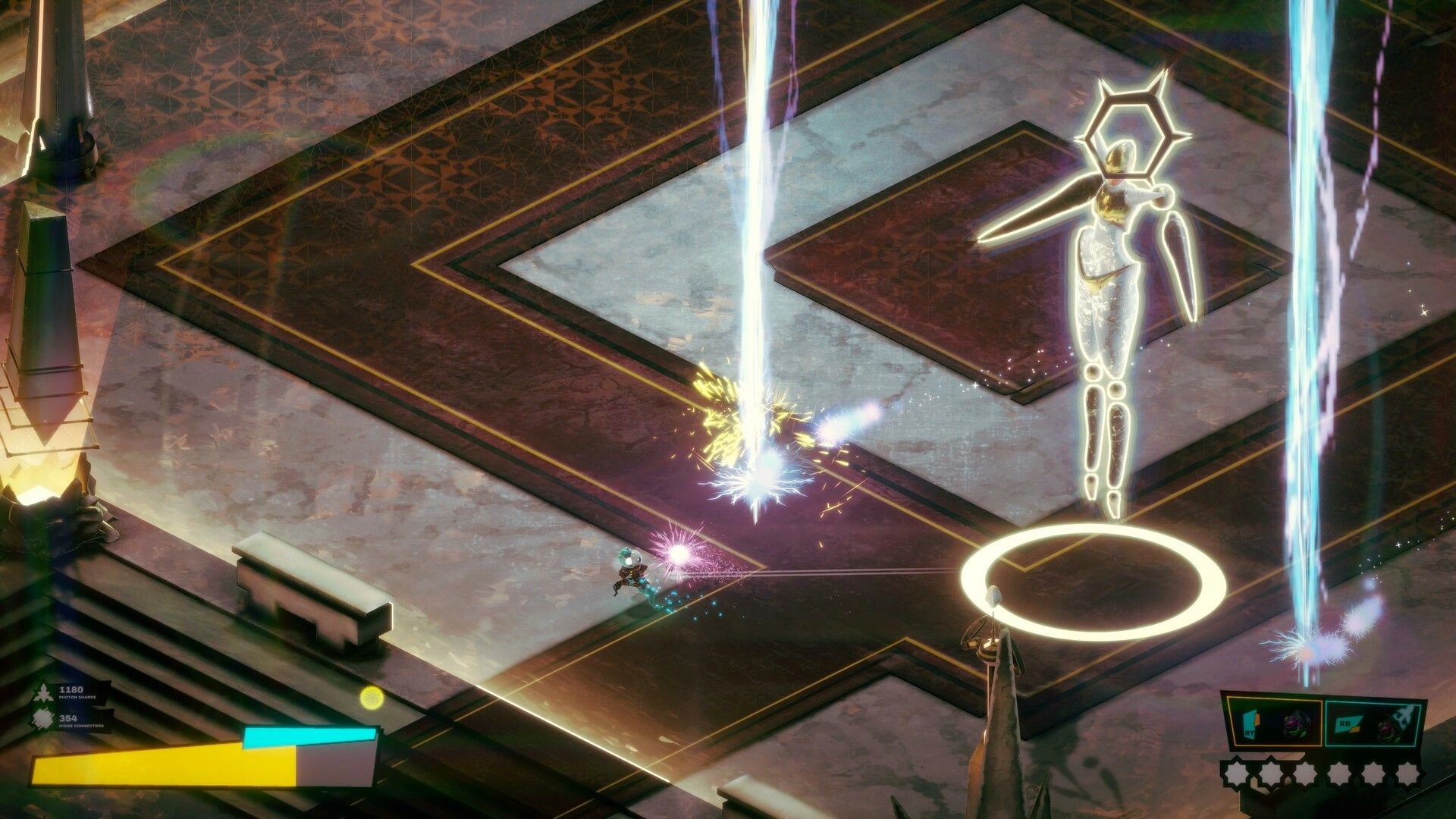 MassEve: Player fires at glowing angel boss as energy beams strike a tiled arena with HUD bars.