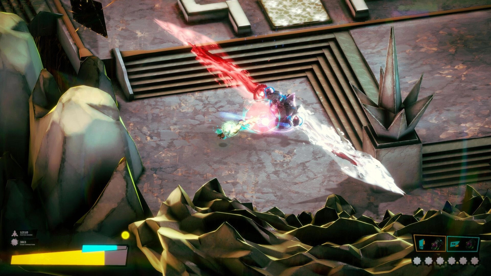 MassEve: Player fires energy beams at an armored enemy in a stone plaza with steps and HUD bars.