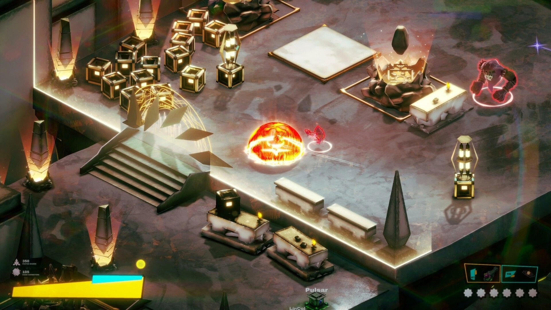MassEve: Player fires a glowing red energy orb at a red enemy on a neon-lit sci-fi platform arena.