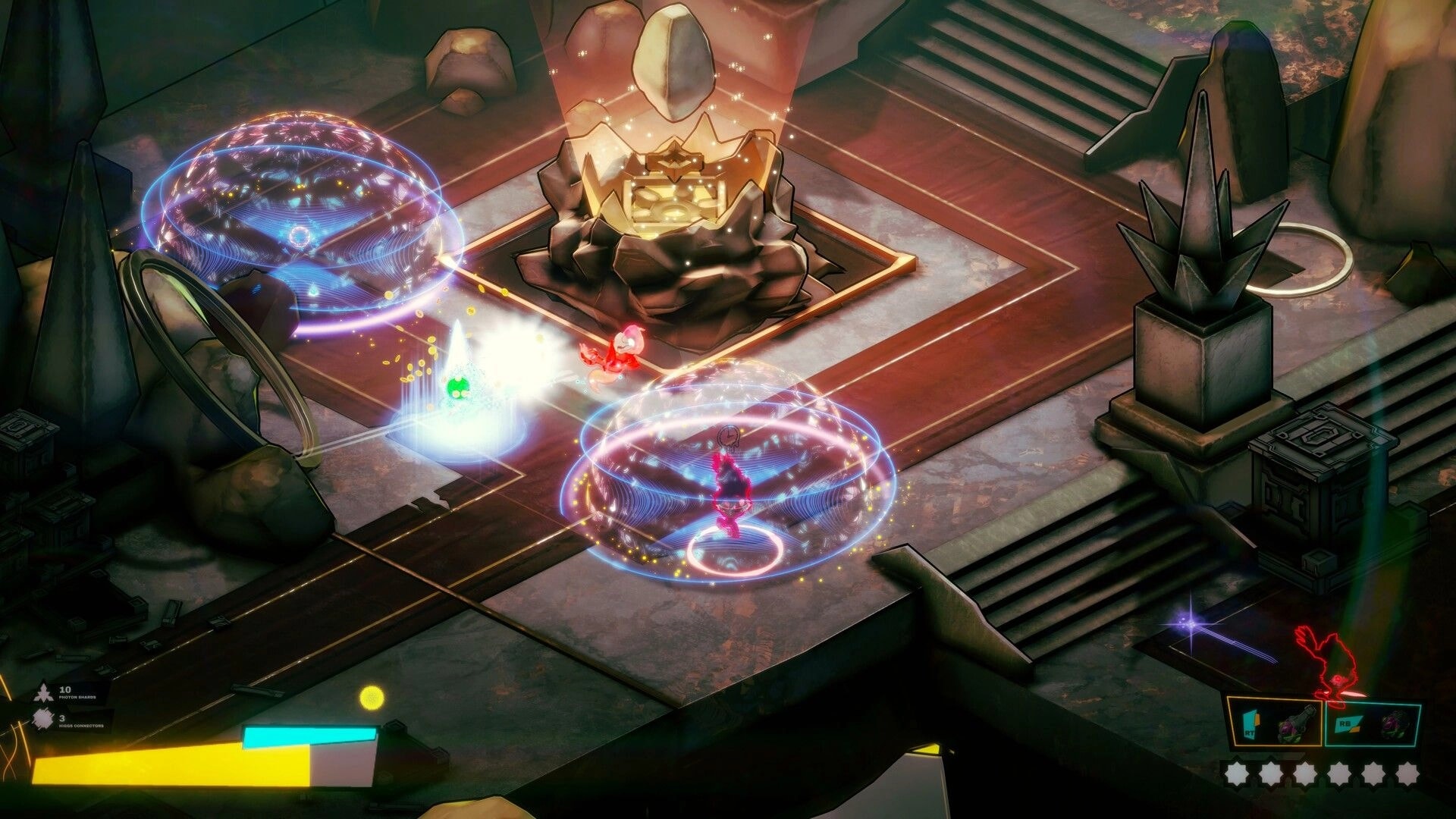 MassEve: Player dodges energy domes and blasts in a neon temple arena with stairs and altars UI.
