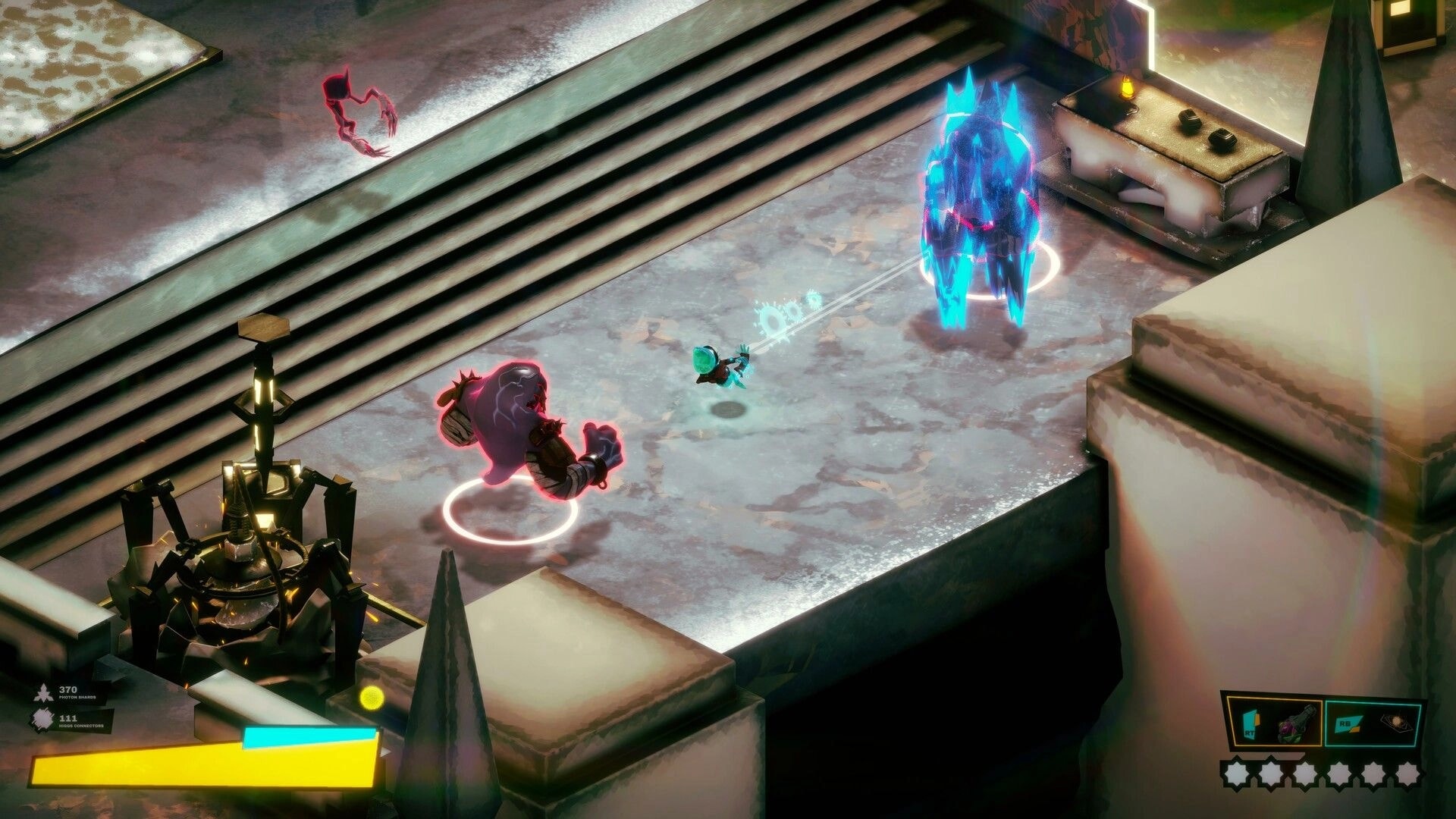 MassEve: Player fires a tether beam at a blue armored enemy on a snowy rooftop arena with HUD icons.