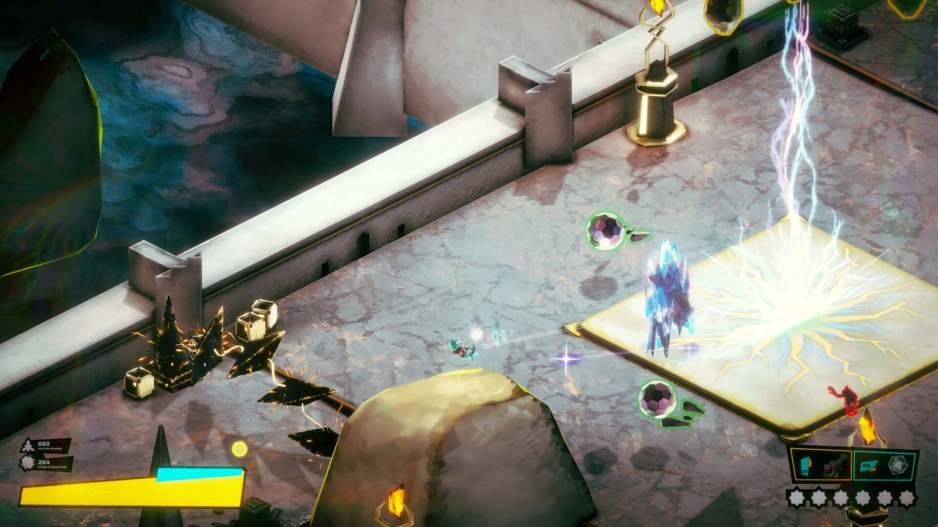 MassEve: Player aims at glowing crystal portal pad in sci-fi arena, HUD bars and weapon icons visible.