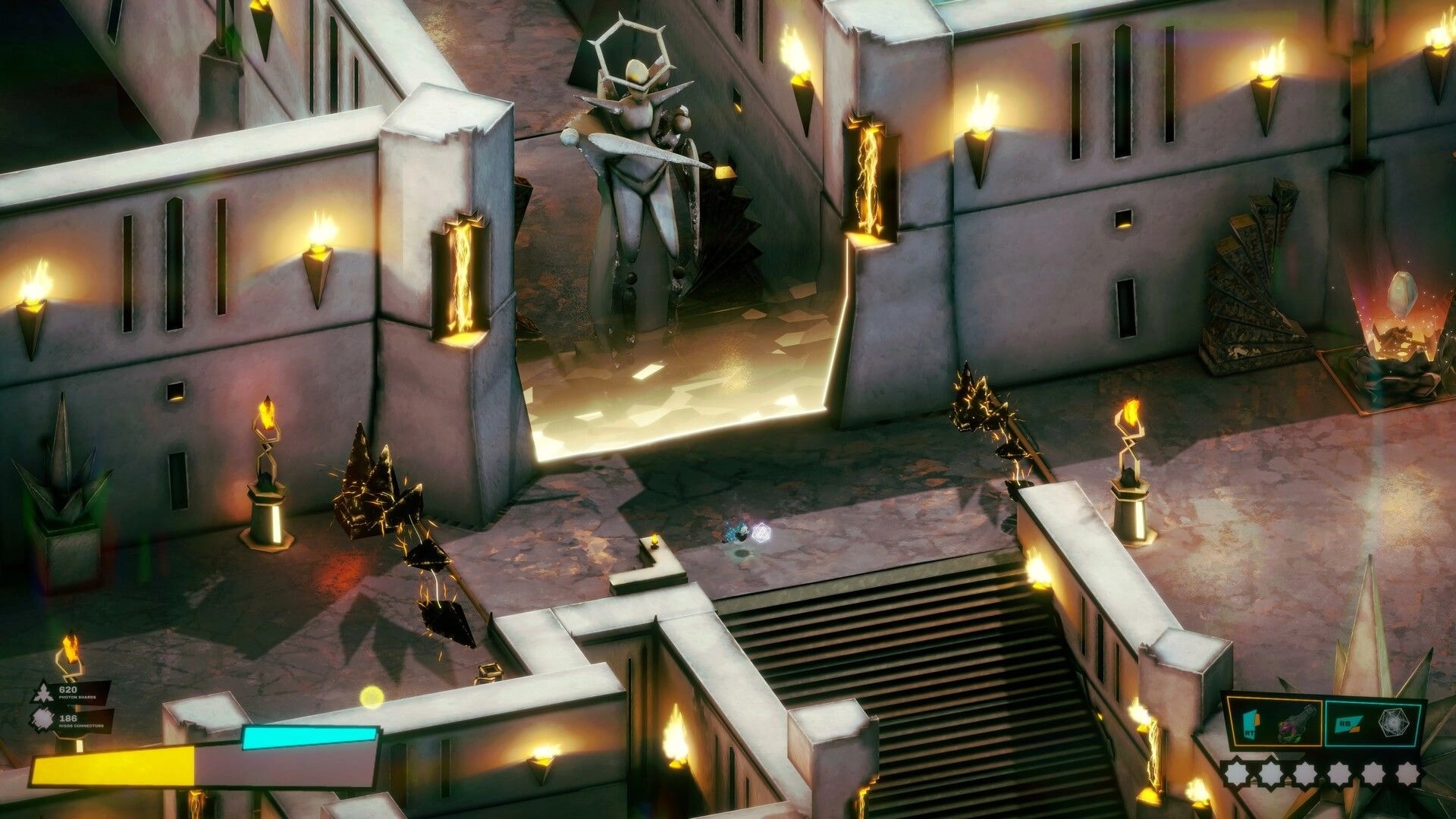 MassEve: Player aims at black shard enemies near stairs in torchlit stone labyrinth courtyard UI visible.