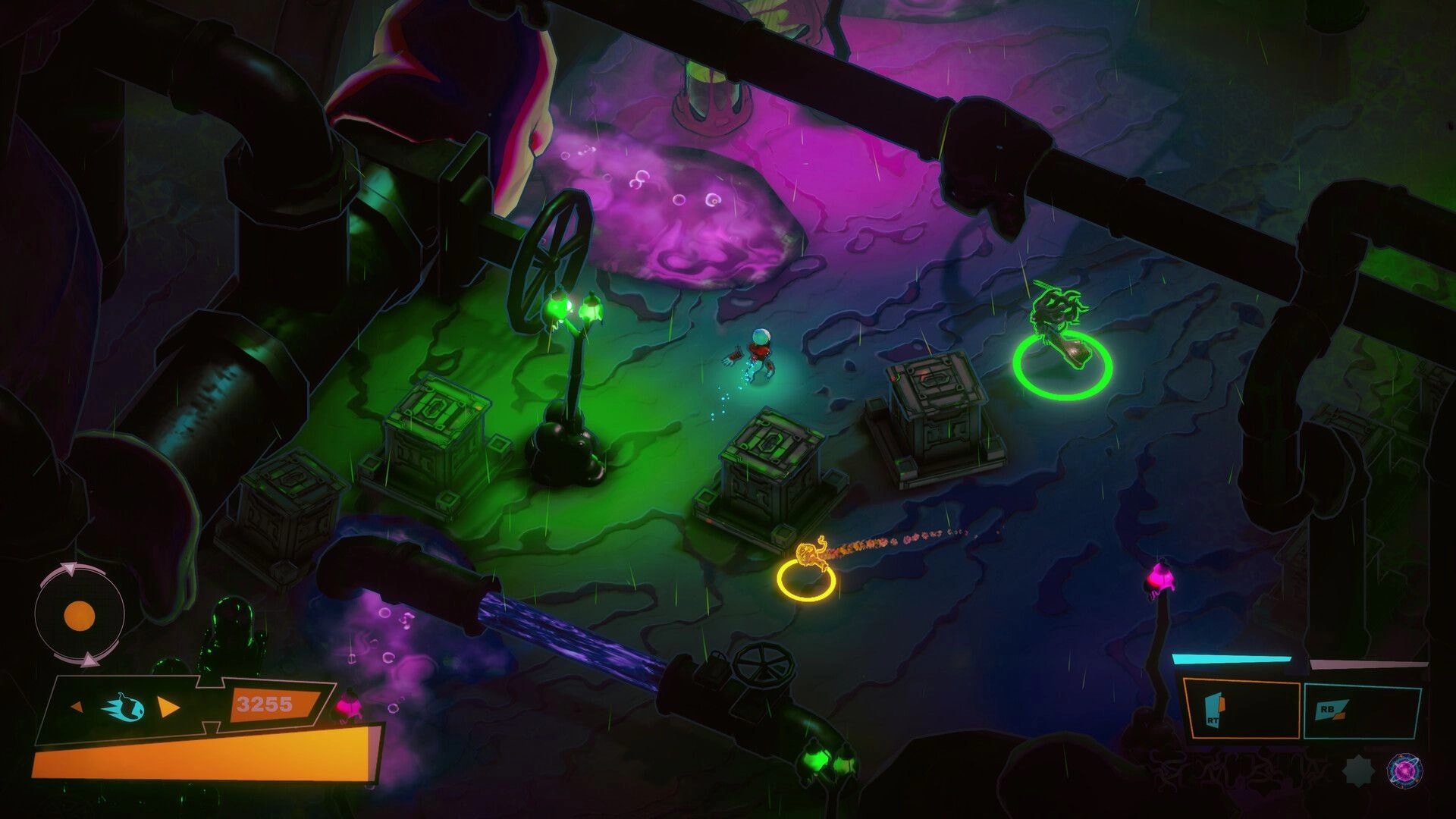 MassEve: Top-down firefight with neon-ringed enemies in a rainy sewer arena with pipes and HUD.