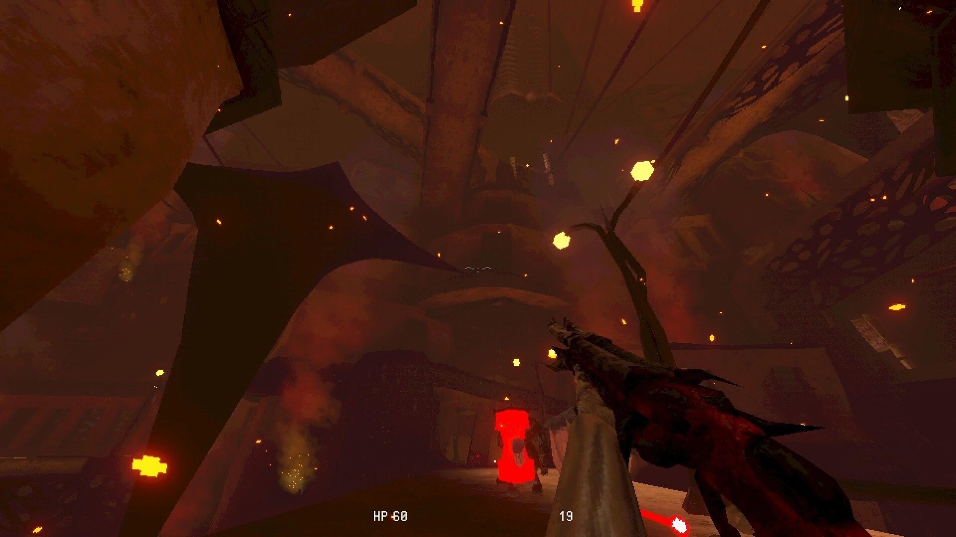 Meat Engine: First-person rifle aimed at a red glowing enemy in a smoky, organic cavern with HP UI.