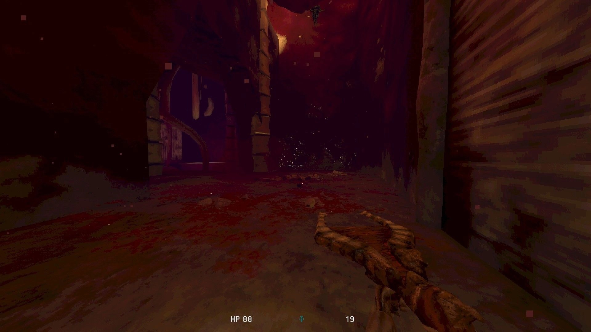 Meat Engine: First-person view aiming a gun down a bloody corridor, HP 88 and ammo 19 HUD visible.