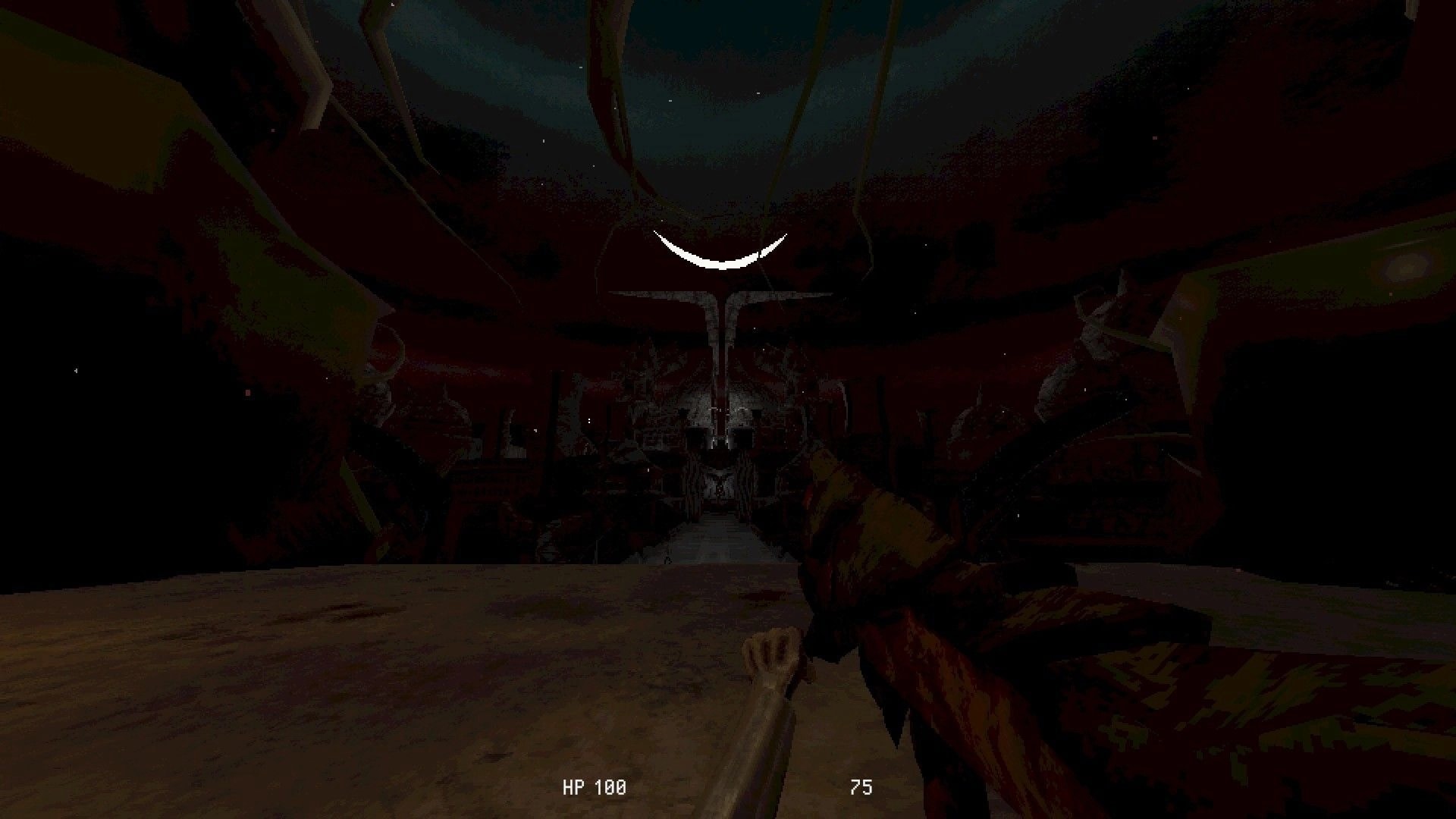Meat Engine: First-person rifle aimed down a fleshy tunnel toward a glowing altar, HP 100 HUD.