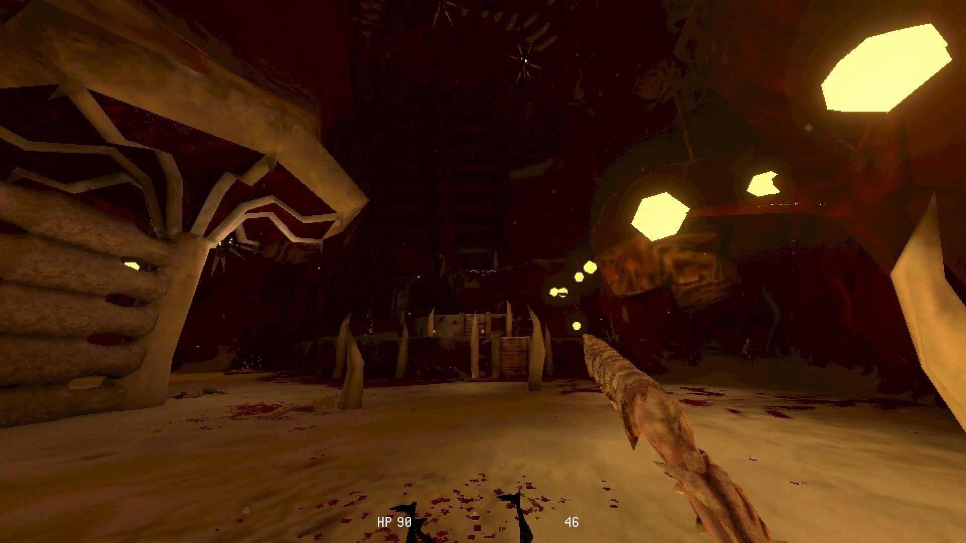 Meat Engine: First-person view holding a bone spear in a fleshy cavern with HP and ammo HUD.