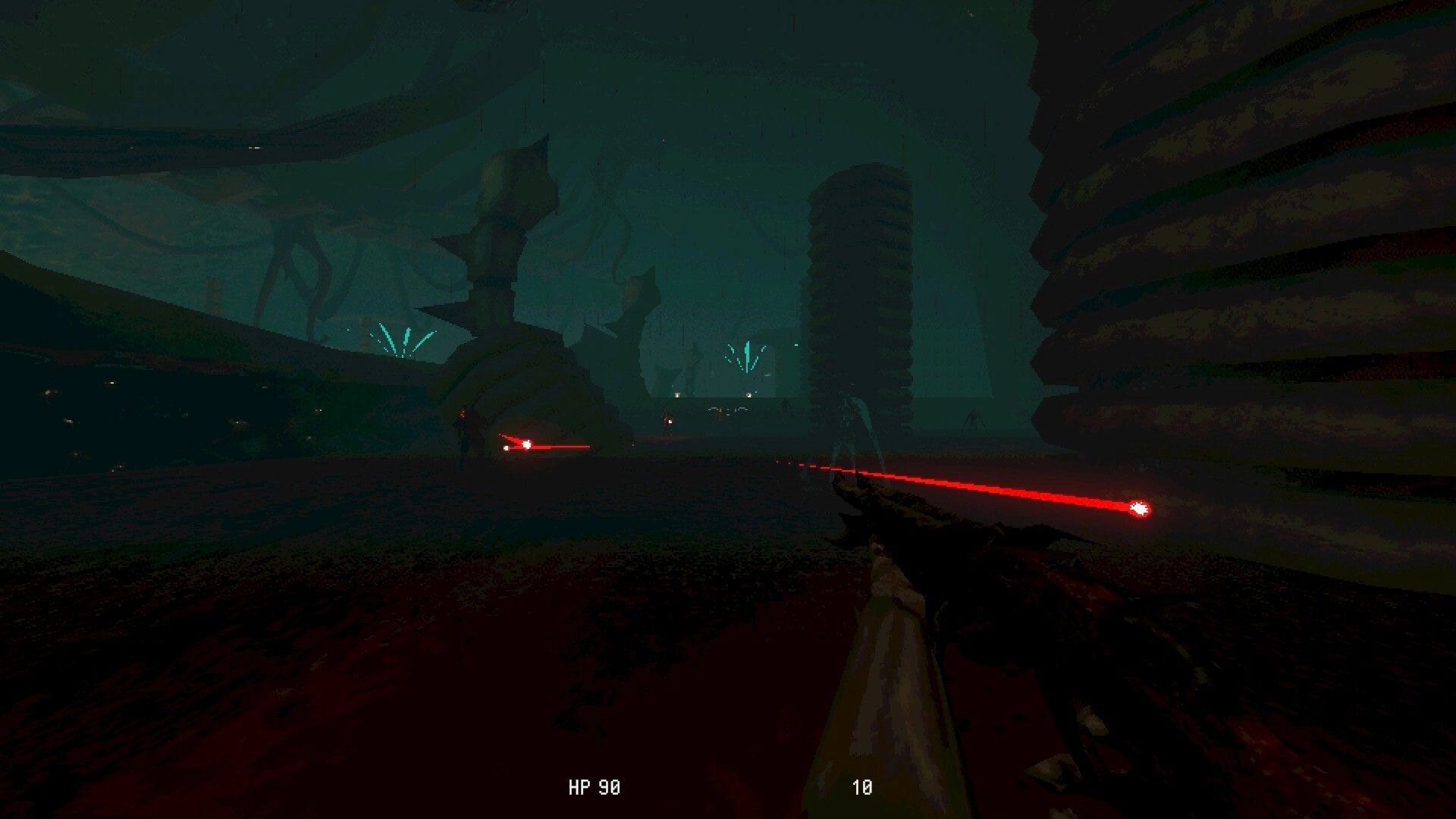 Meat Engine: First-person gunfight with red laser shots in a foggy alien ruin, HUD shows HP 90.